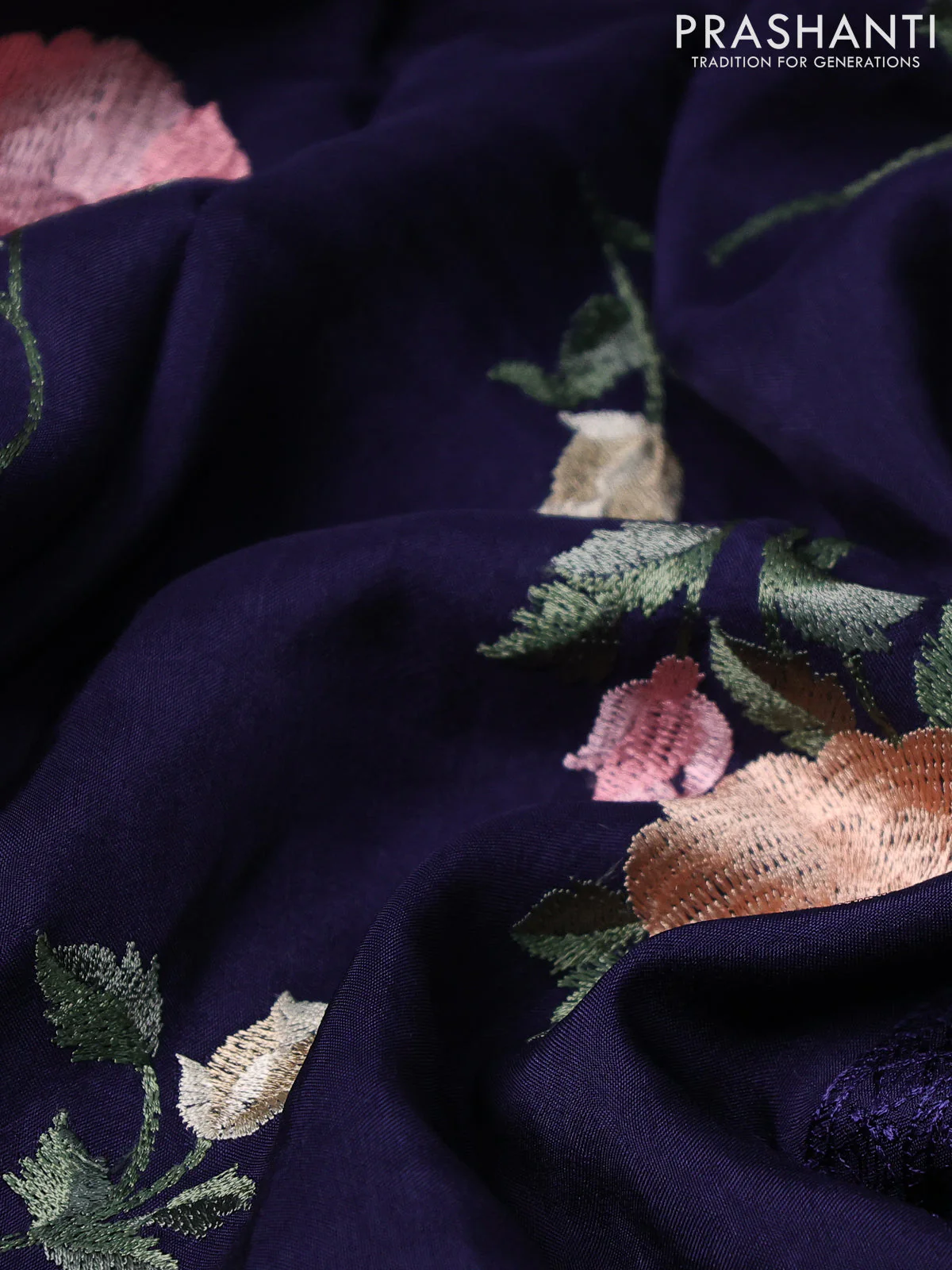 Dola silk saree dark blue with allover floral embroidery work and chikankari work border - Image 3