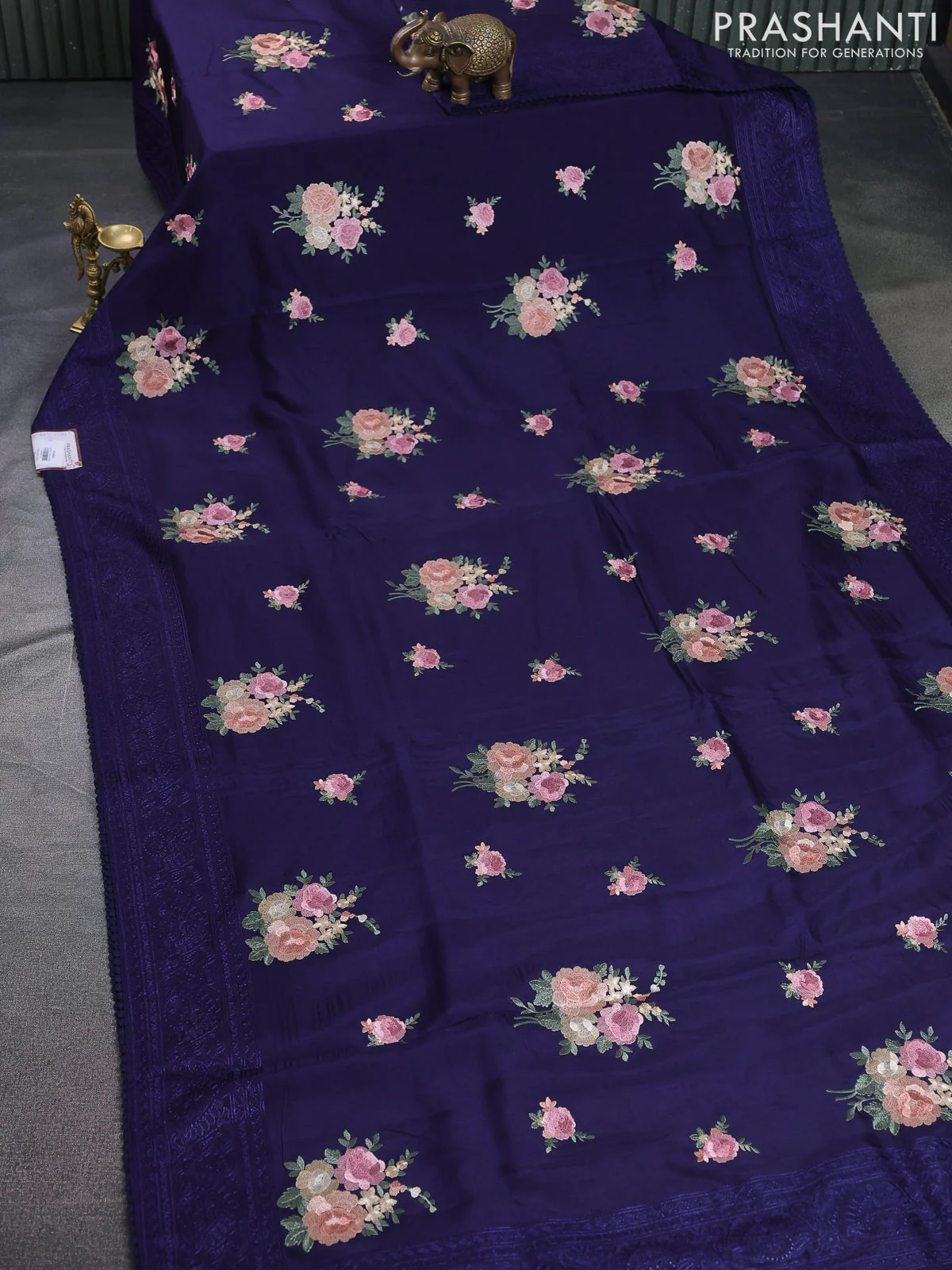 Dola silk saree dark blue with allover floral embroidery work and chikankari work border - Image 2