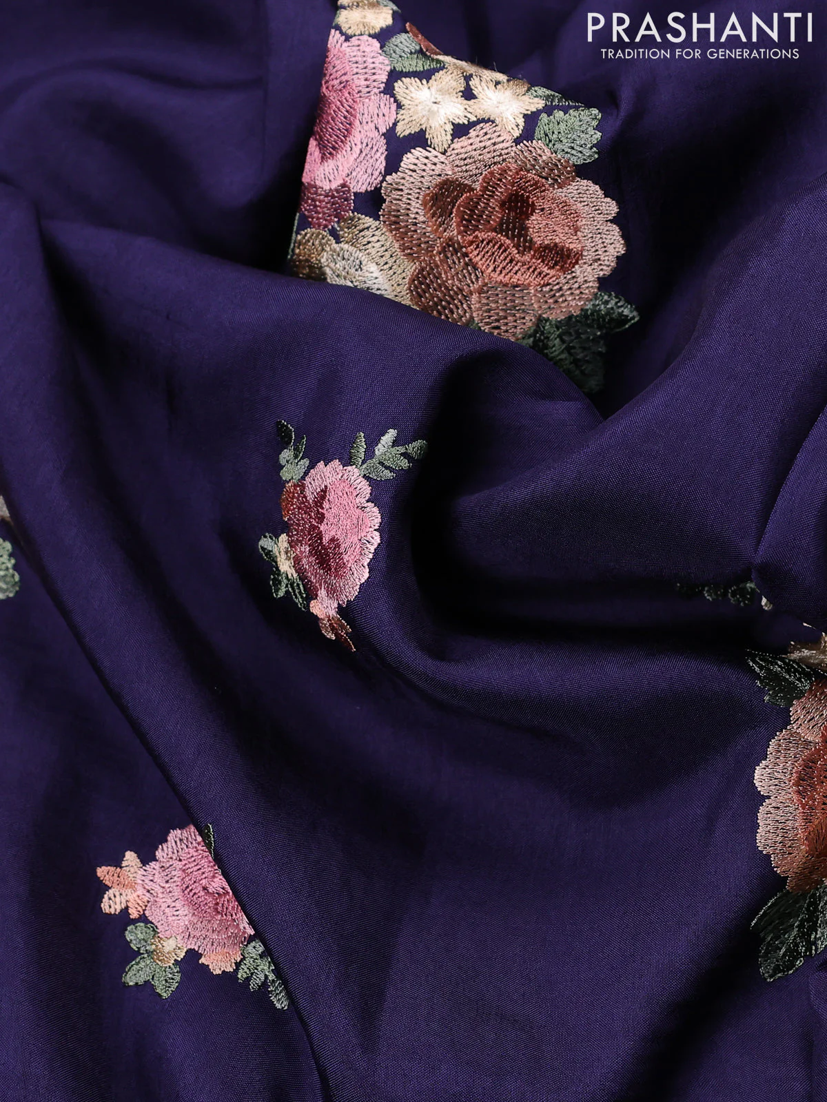 Dola silk saree dark blue with allover floral embroidery work and chikankari work border - Image 3
