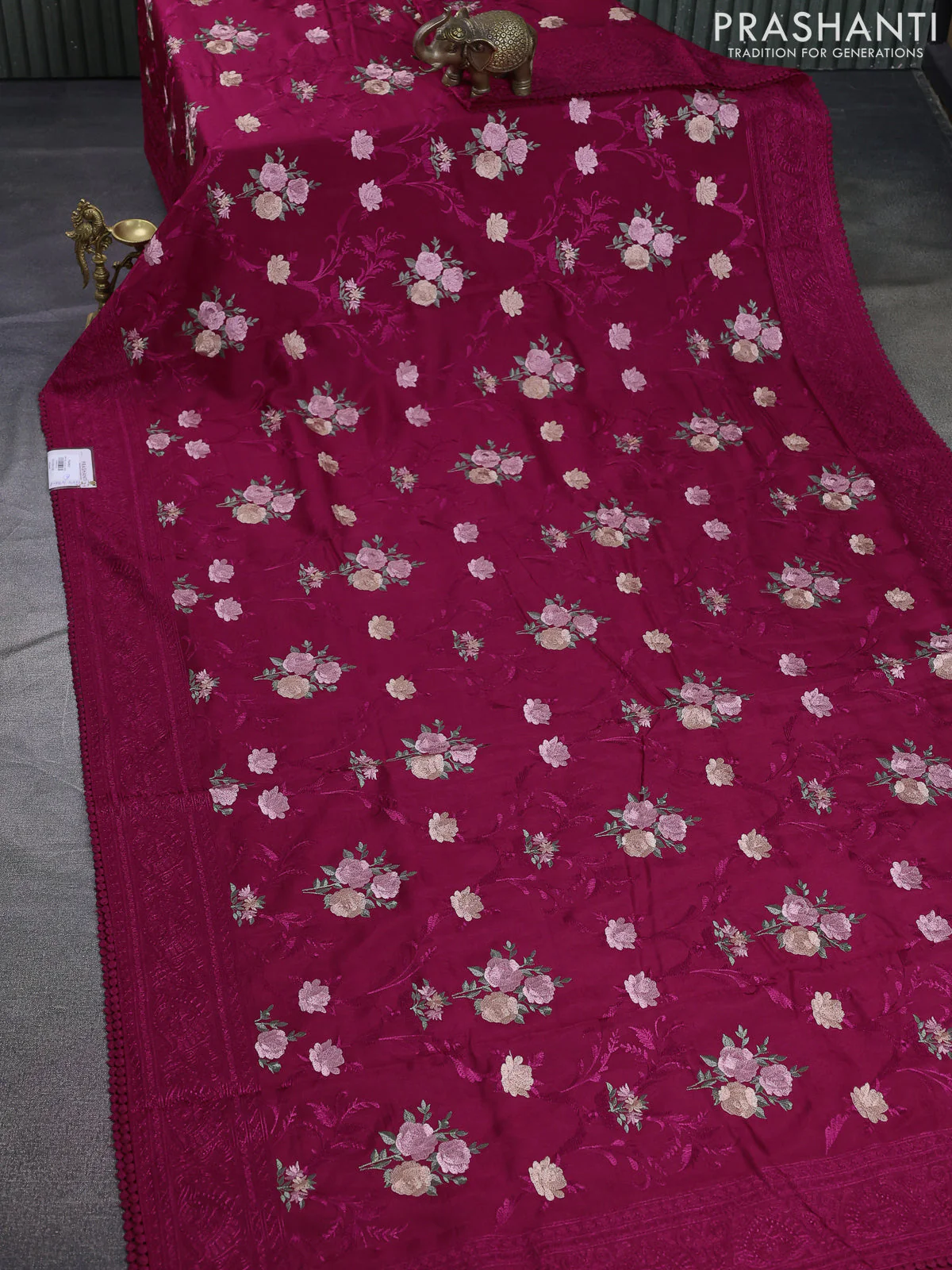 Dola silk saree dark pink with allover floral embroidery work and chikankari work border - Image 2