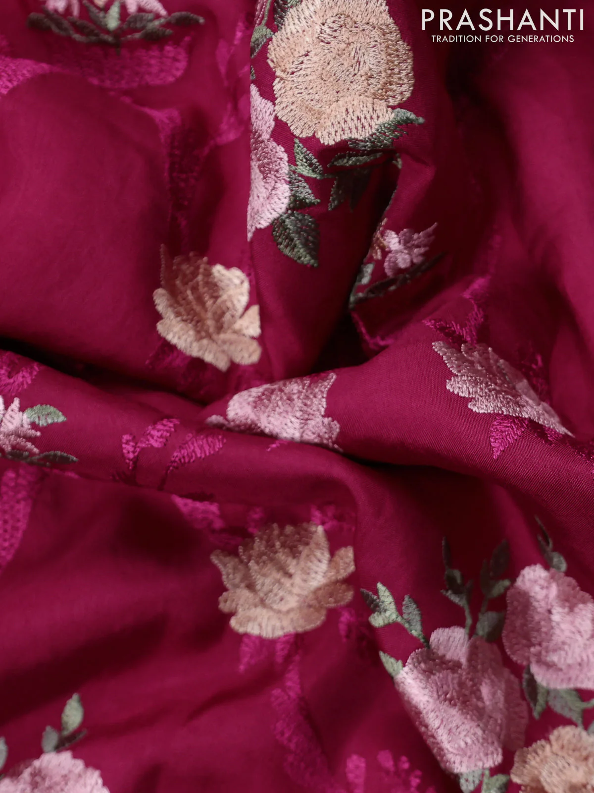 Dola silk saree dark pink with allover floral embroidery work and chikankari work border - Image 3