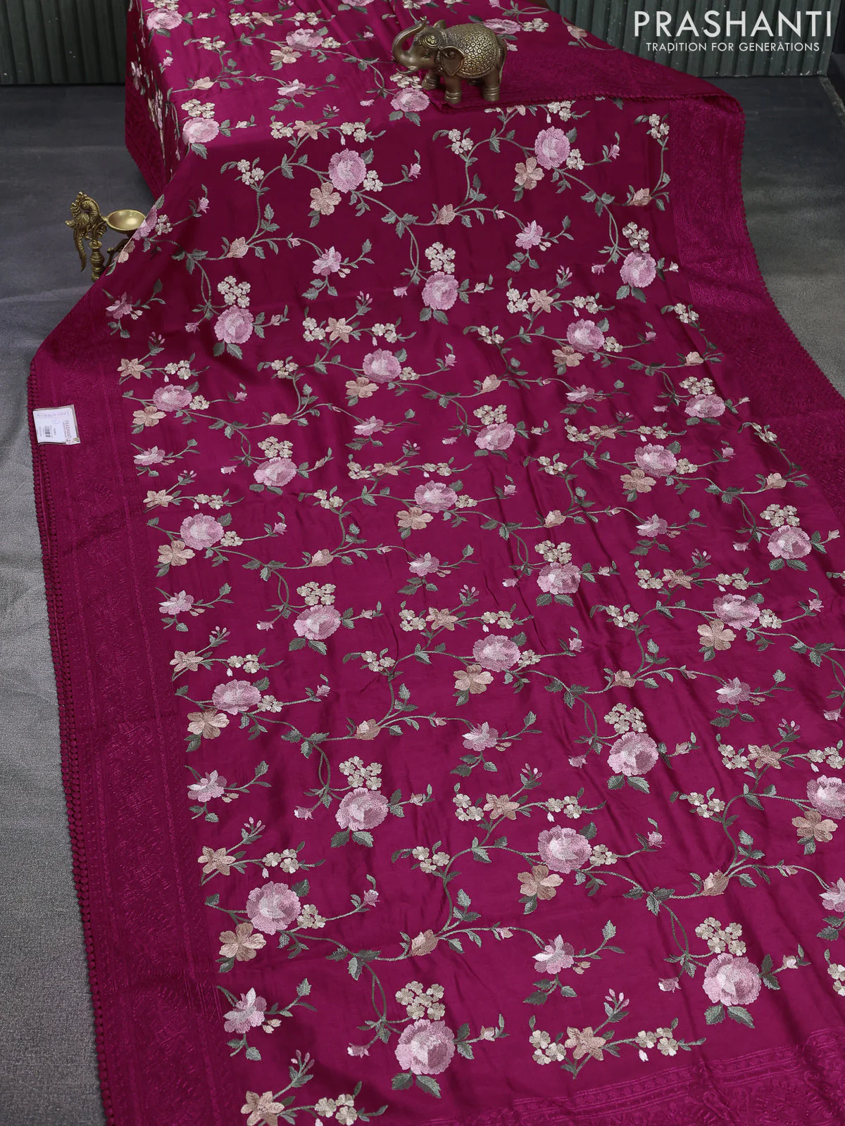Dola silk saree dark pink with allover floral embroidery work and chikankari work border - Image 2