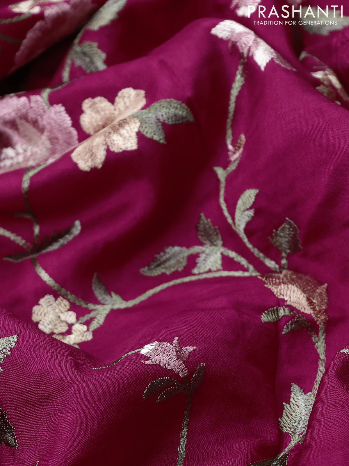 Dola silk saree dark pink with allover floral embroidery work and chikankari work border - Image 3
