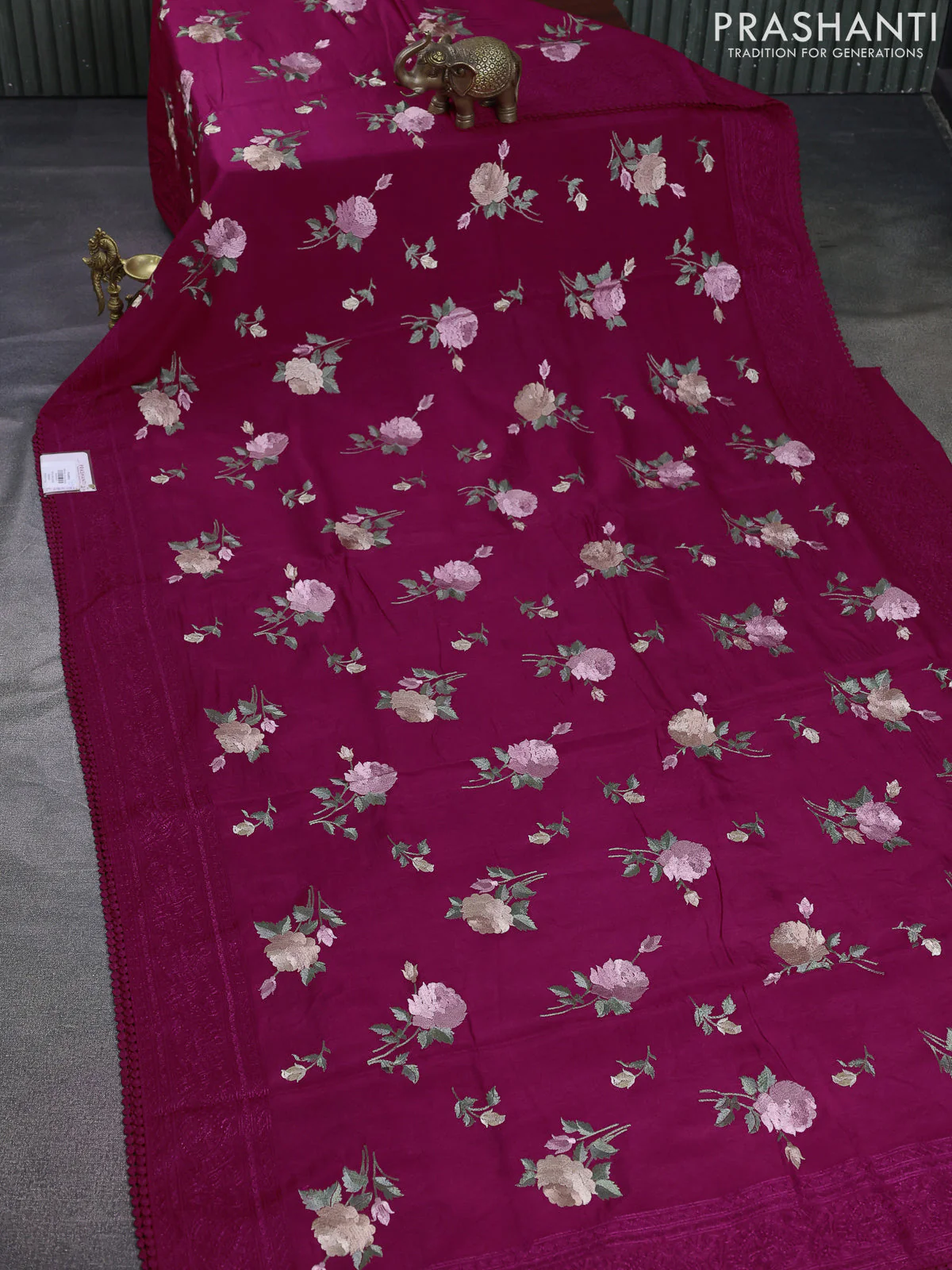 Dola silk saree dark pink with allover floral embroidery work and chikankari work border - Image 2
