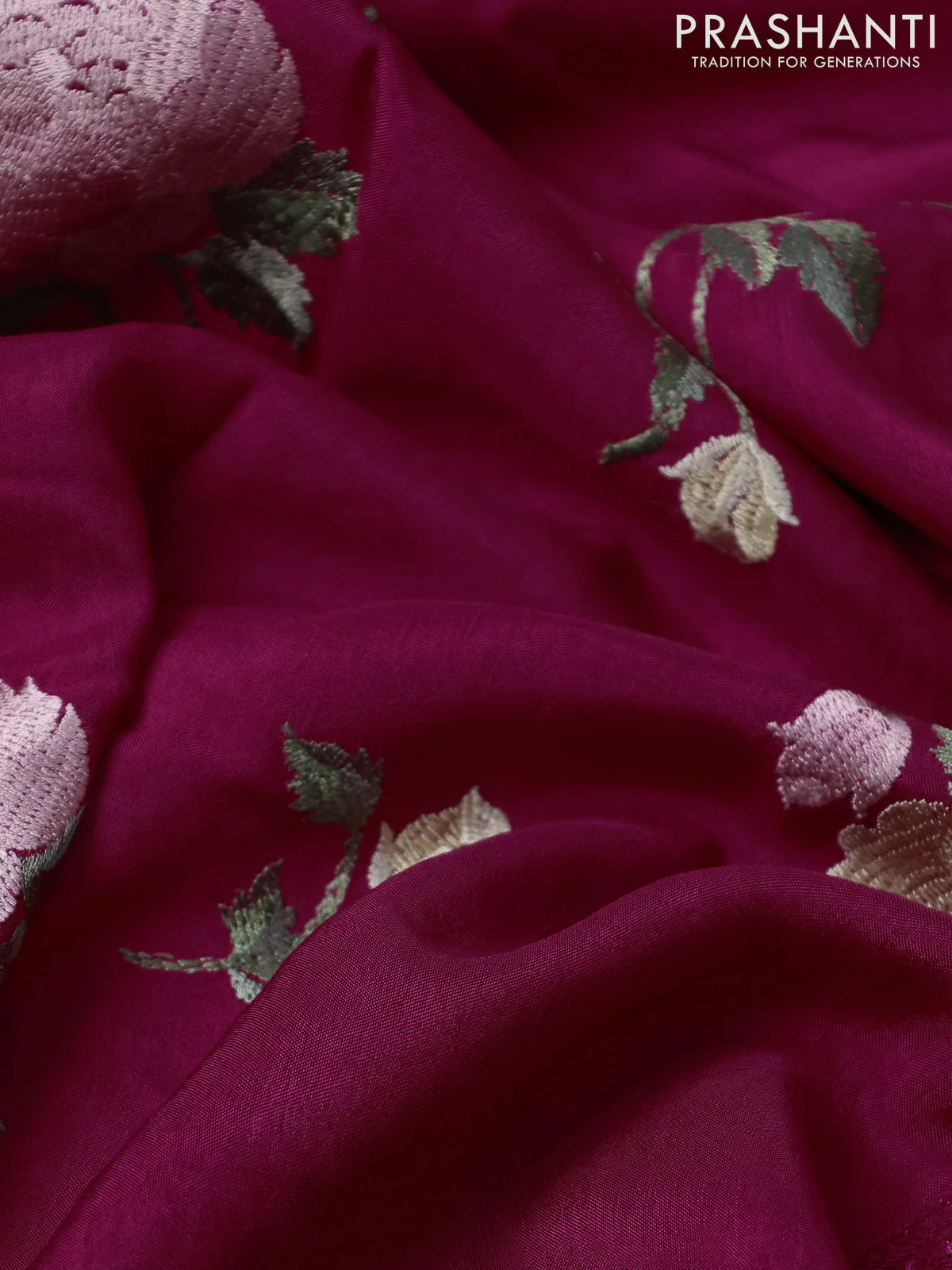 Dola silk saree dark pink with allover floral embroidery work and chikankari work border - Image 3