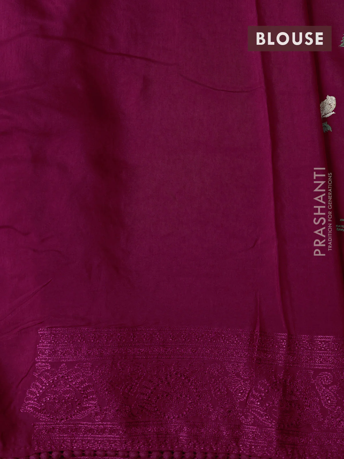 Dola silk saree dark pink with allover floral embroidery work and chikankari work border - Image 4