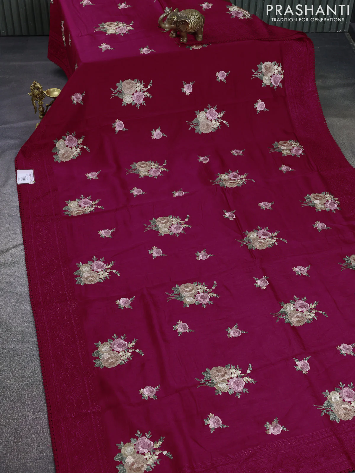 Dola silk saree dark pink with allover floral embroidery work and chikankari work border - Image 2