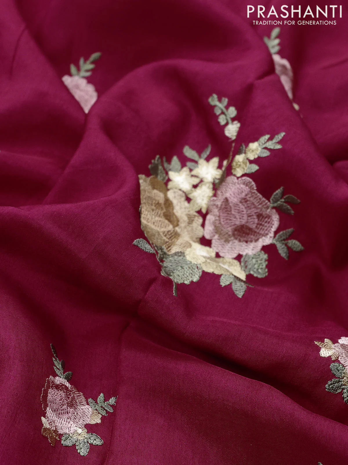 Dola silk saree dark pink with allover floral embroidery work and chikankari work border - Image 3
