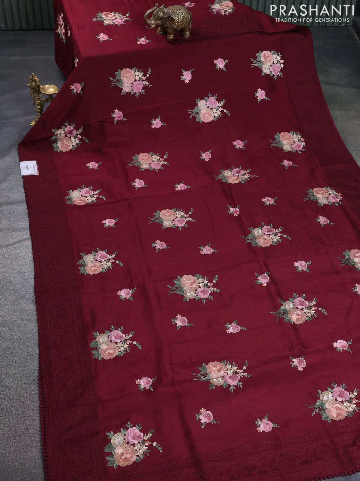 Dola silk saree deep maroon with allover floral embroidery work and chikankari work border - Image 2