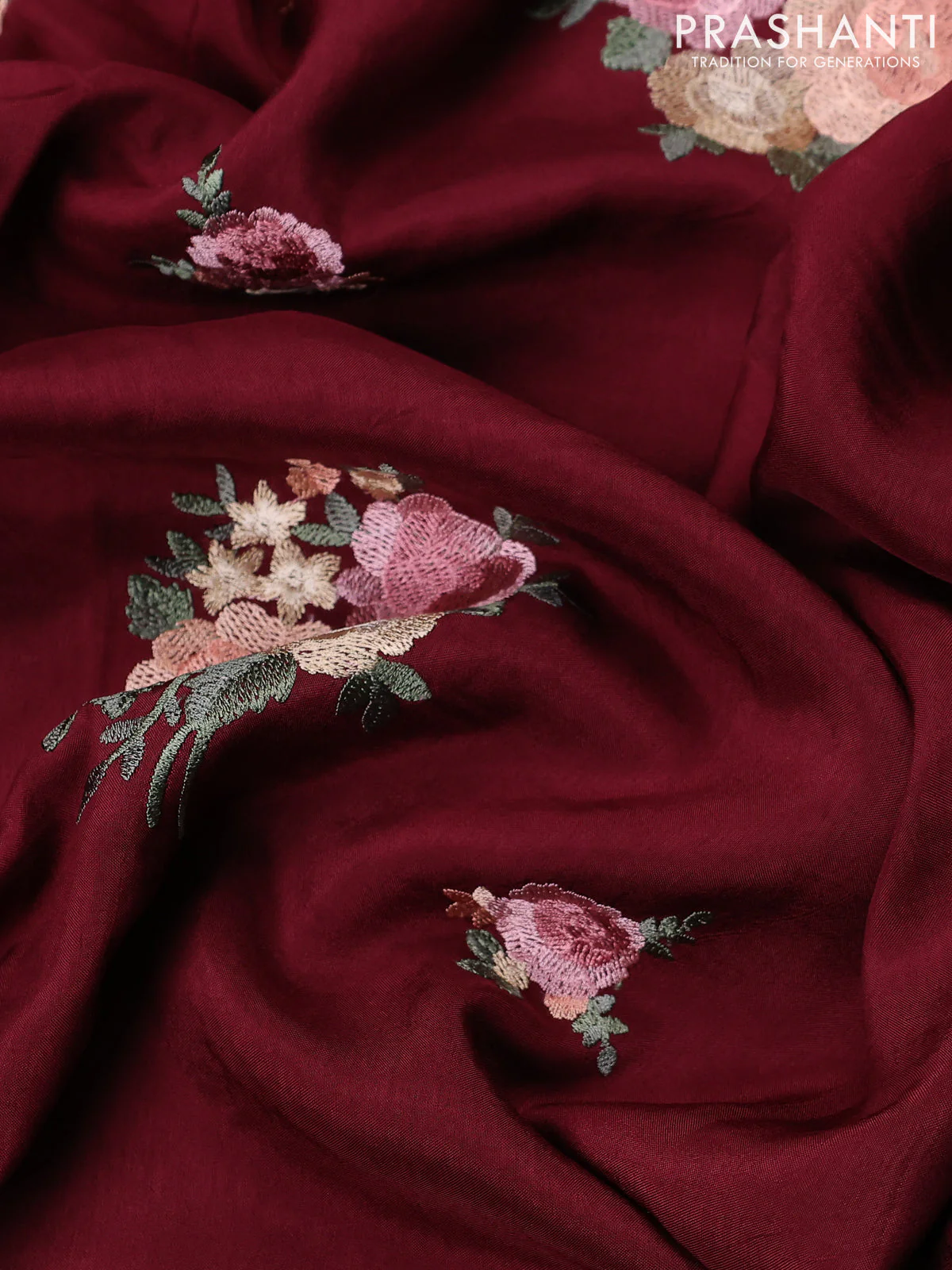 Dola silk saree deep maroon with allover floral embroidery work and chikankari work border - Image 3
