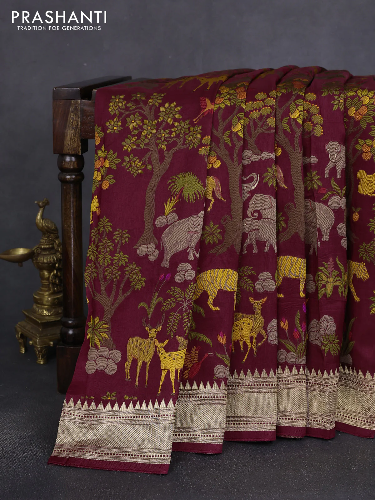 Dola silk saree deep maroon with allover shikarga weaves and zari woven border - Image 2
