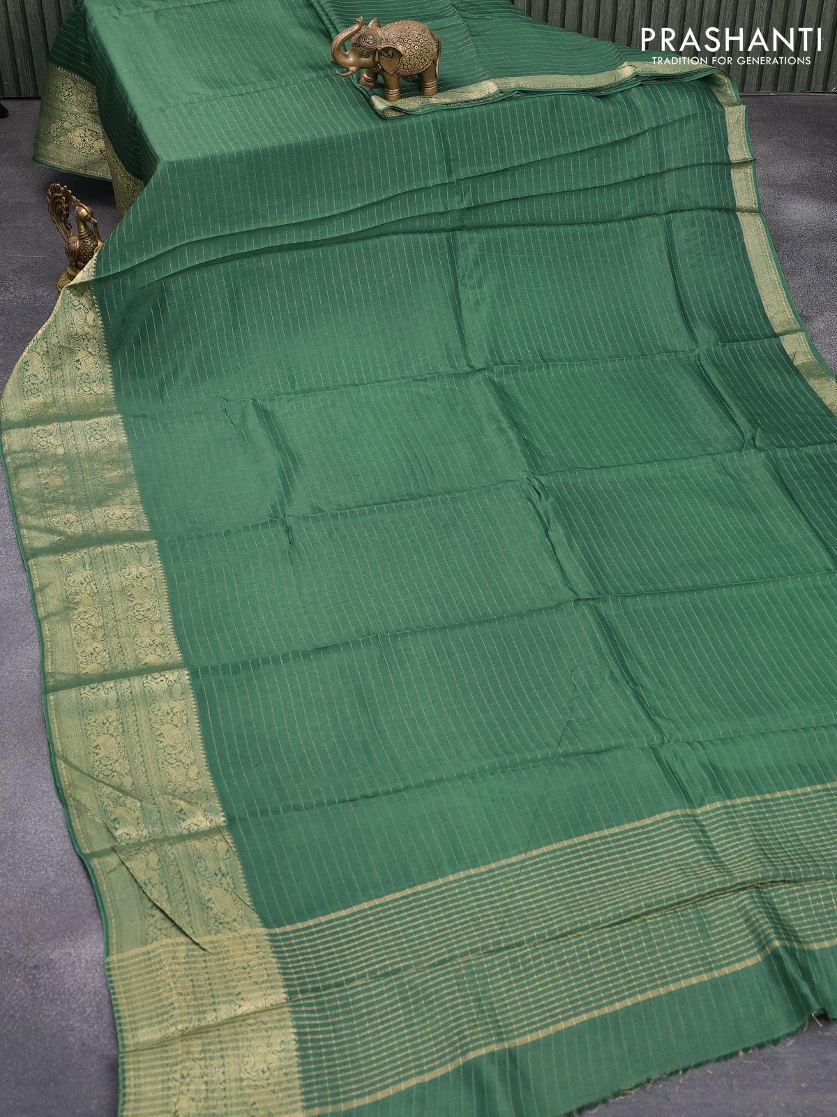 Dola silk saree green and black with allover zari woven stripes pattern and zari woven border with embroidery work blouse - Image 2