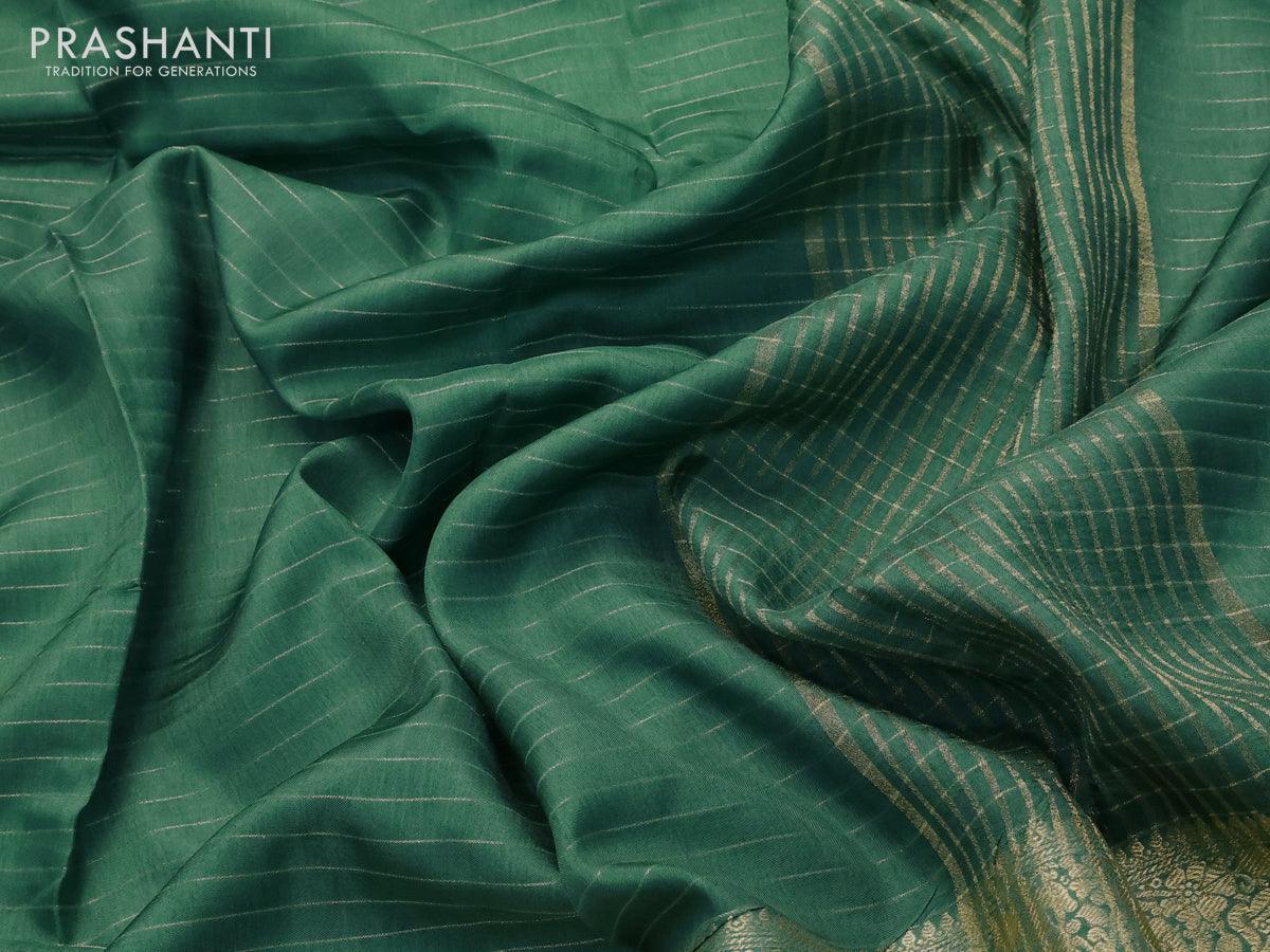 Dola silk saree green and black with allover zari woven stripes pattern and zari woven border with embroidery work blouse - Image 3