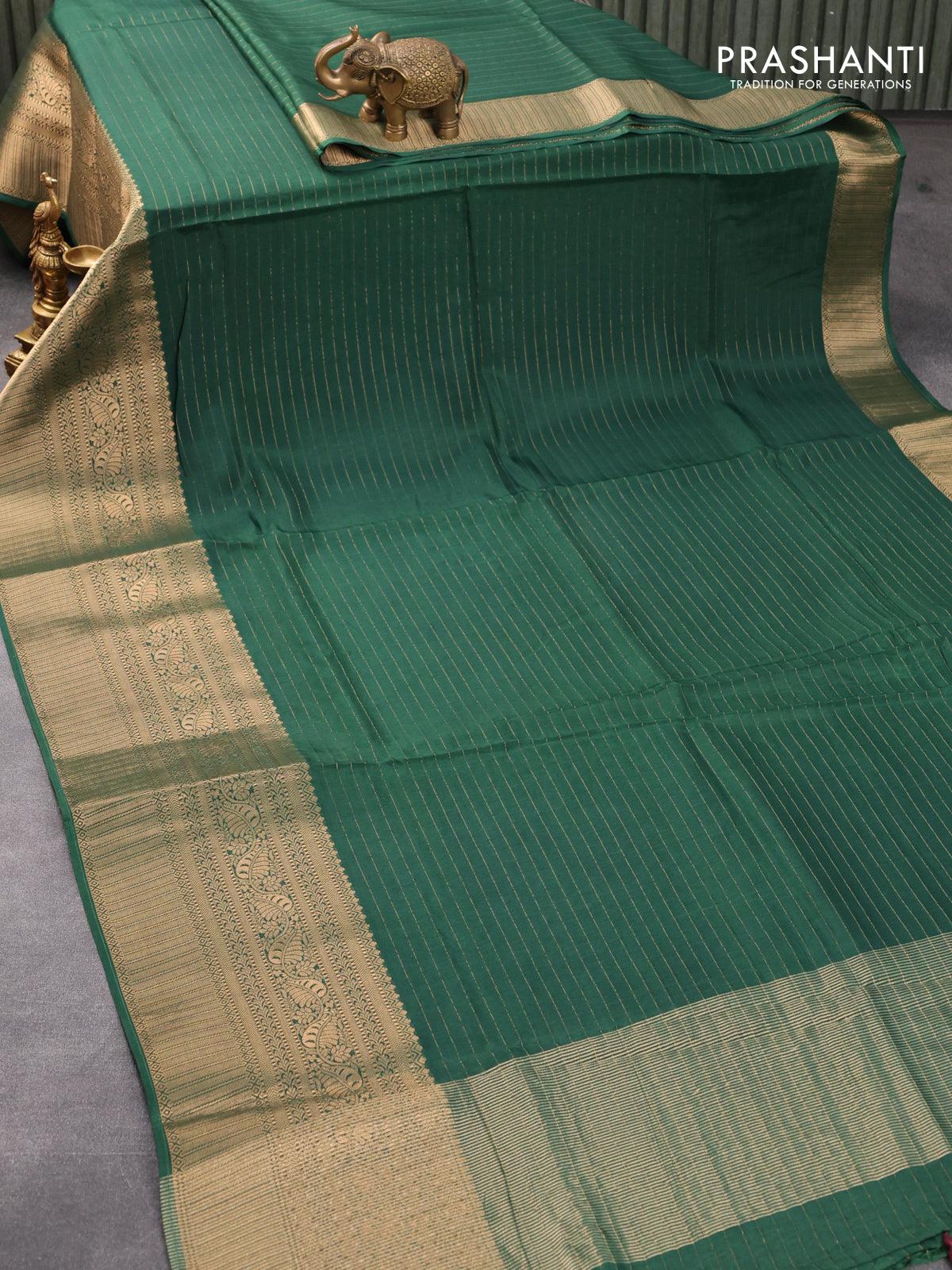 Dola silk saree green and deep maroon with allover zari woven stripes pattern and rich zari woven border - Image 2