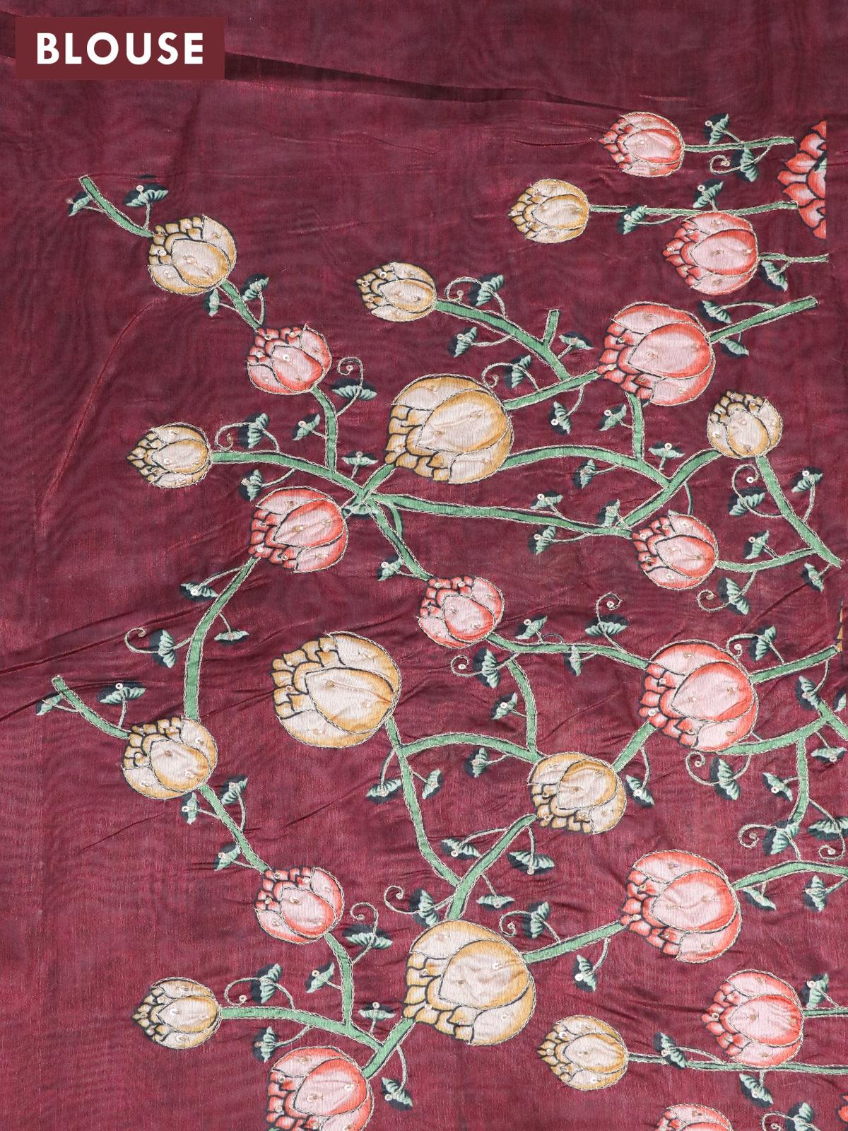 Dola silk saree green and deep maroon with allover zari woven stripes pattern and rich zari woven border - Image 4