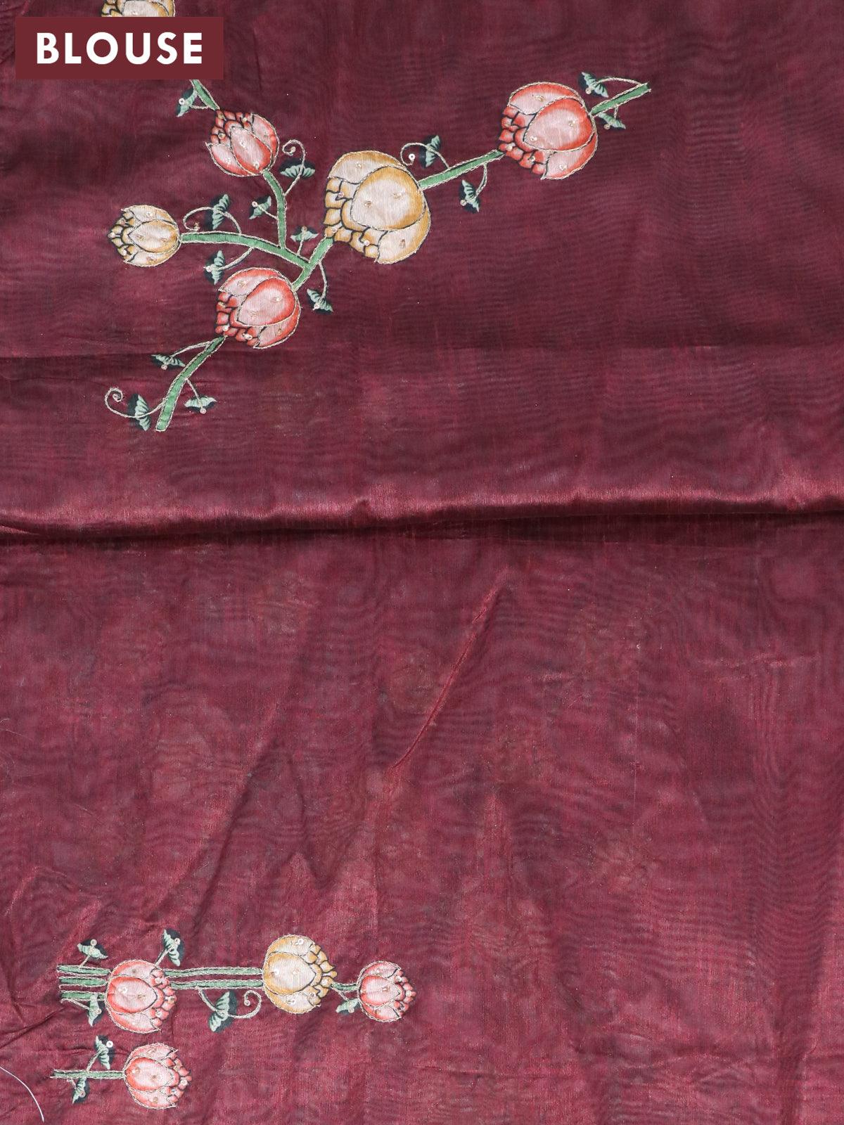 Dola silk saree green and deep maroon with allover zari woven stripes pattern and rich zari woven border - Image 5