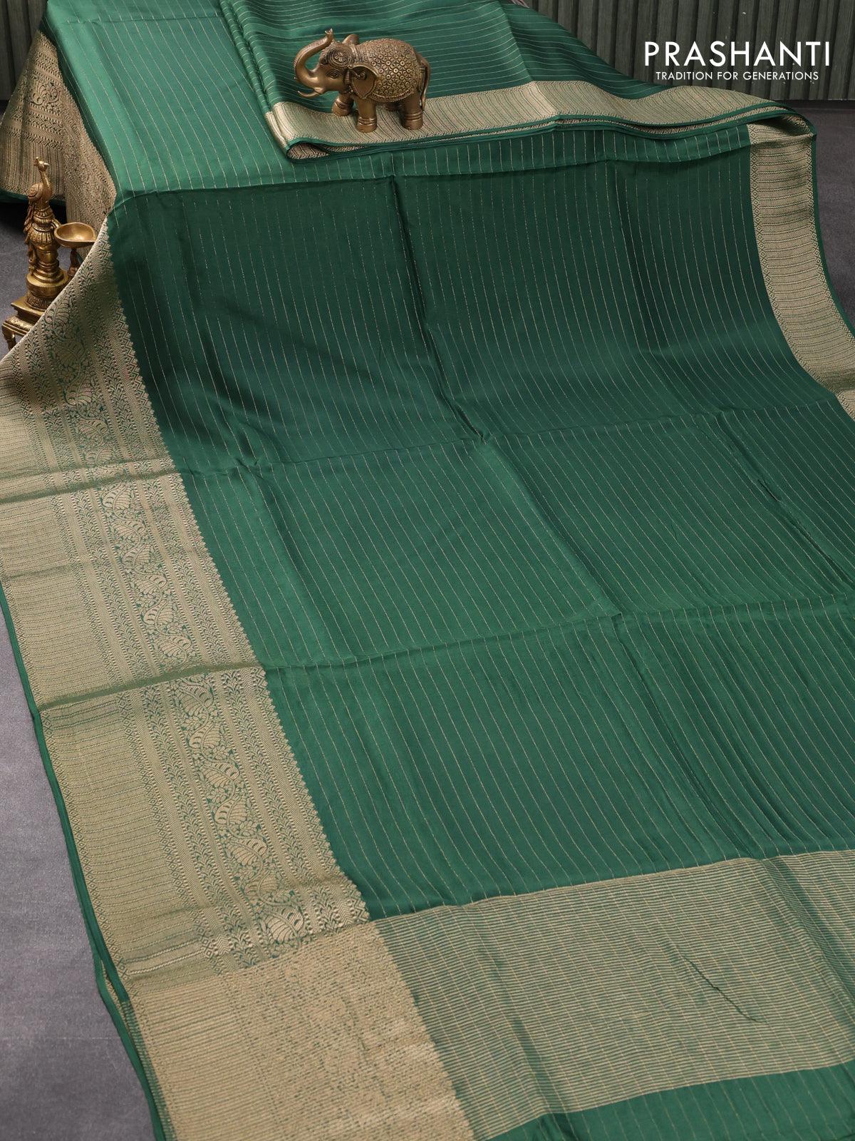 Dola silk saree green and deep maroon with allover zari woven stripes pattern and rich zari woven border - Image 2