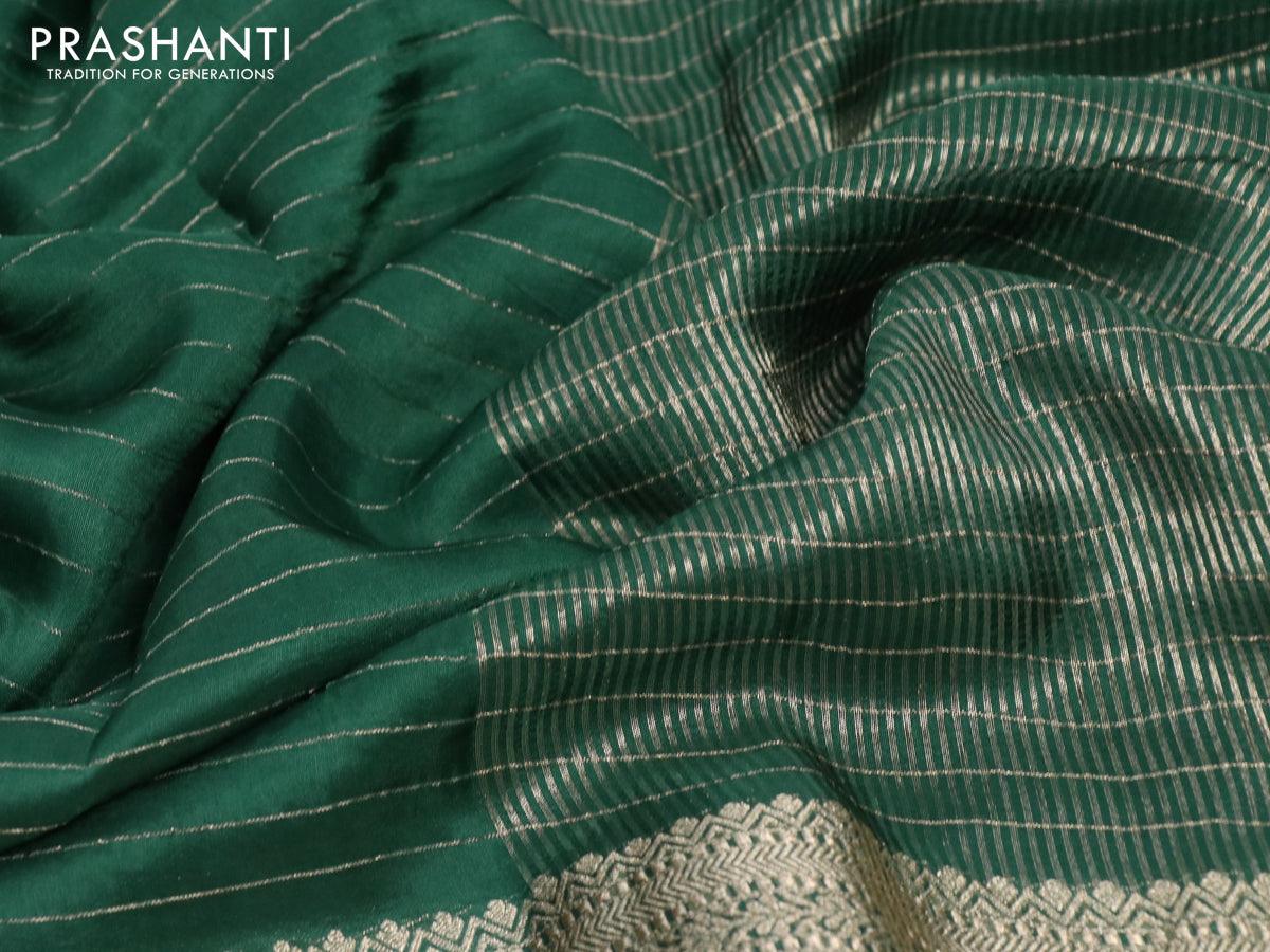 Dola silk saree green and deep maroon with allover zari woven stripes pattern and rich zari woven border - Image 3
