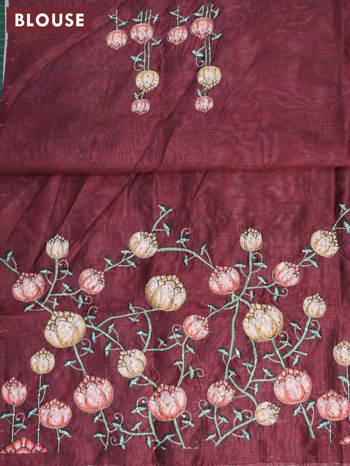 Dola silk saree green and deep maroon with allover zari woven stripes pattern and rich zari woven border - Image 4
