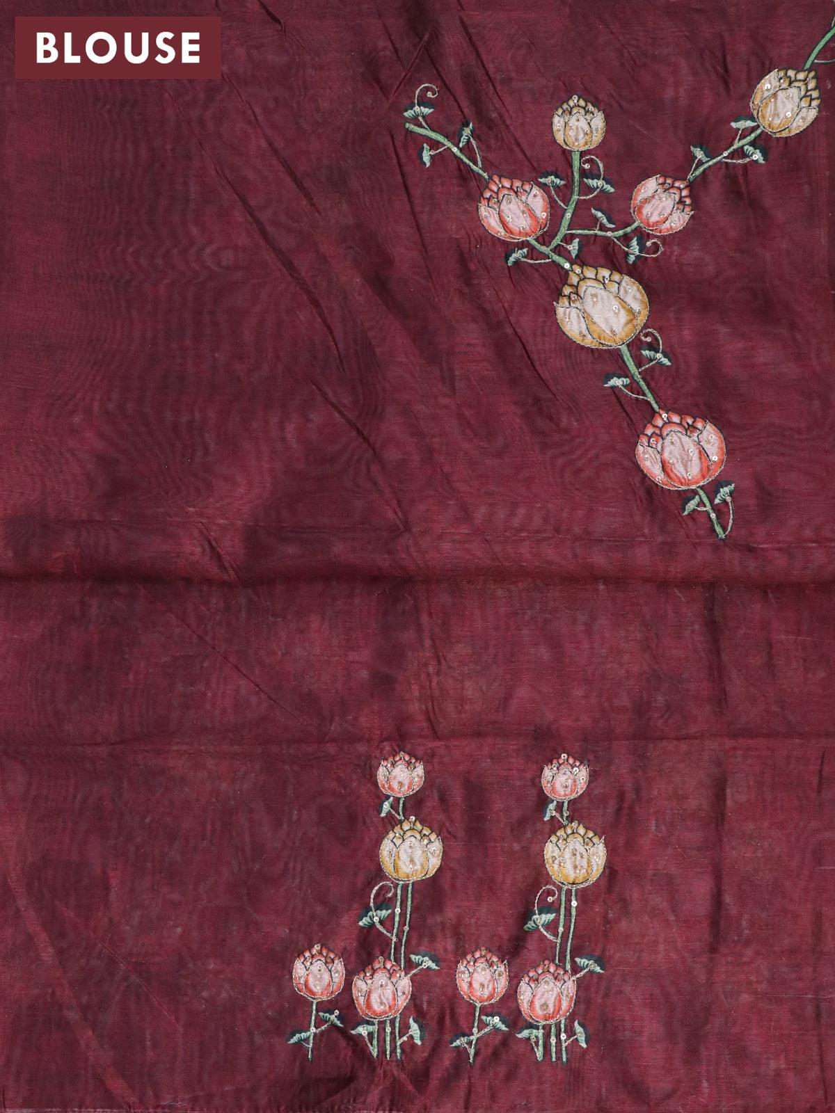 Dola silk saree green and deep maroon with allover zari woven stripes pattern and rich zari woven border - Image 5