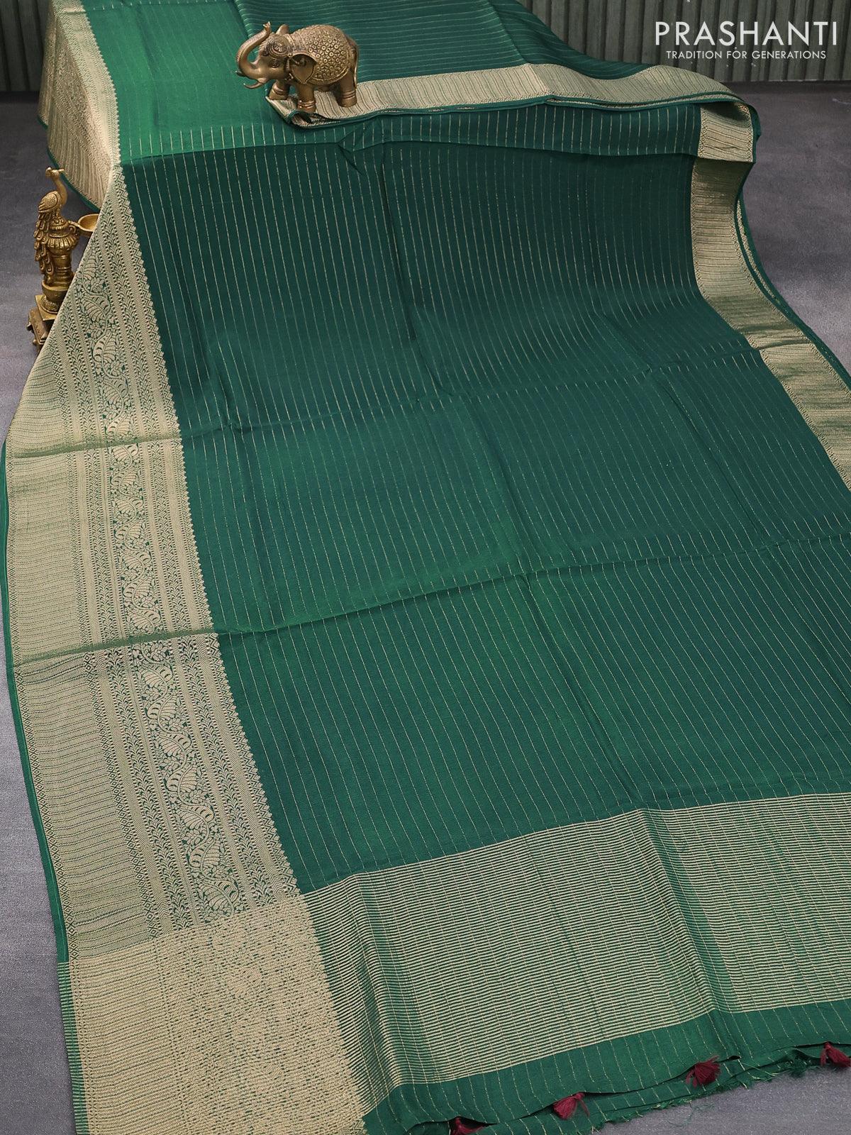 Dola silk saree green and deep maroon with allover zari woven stripes pattern and rich zari woven border - Image 2