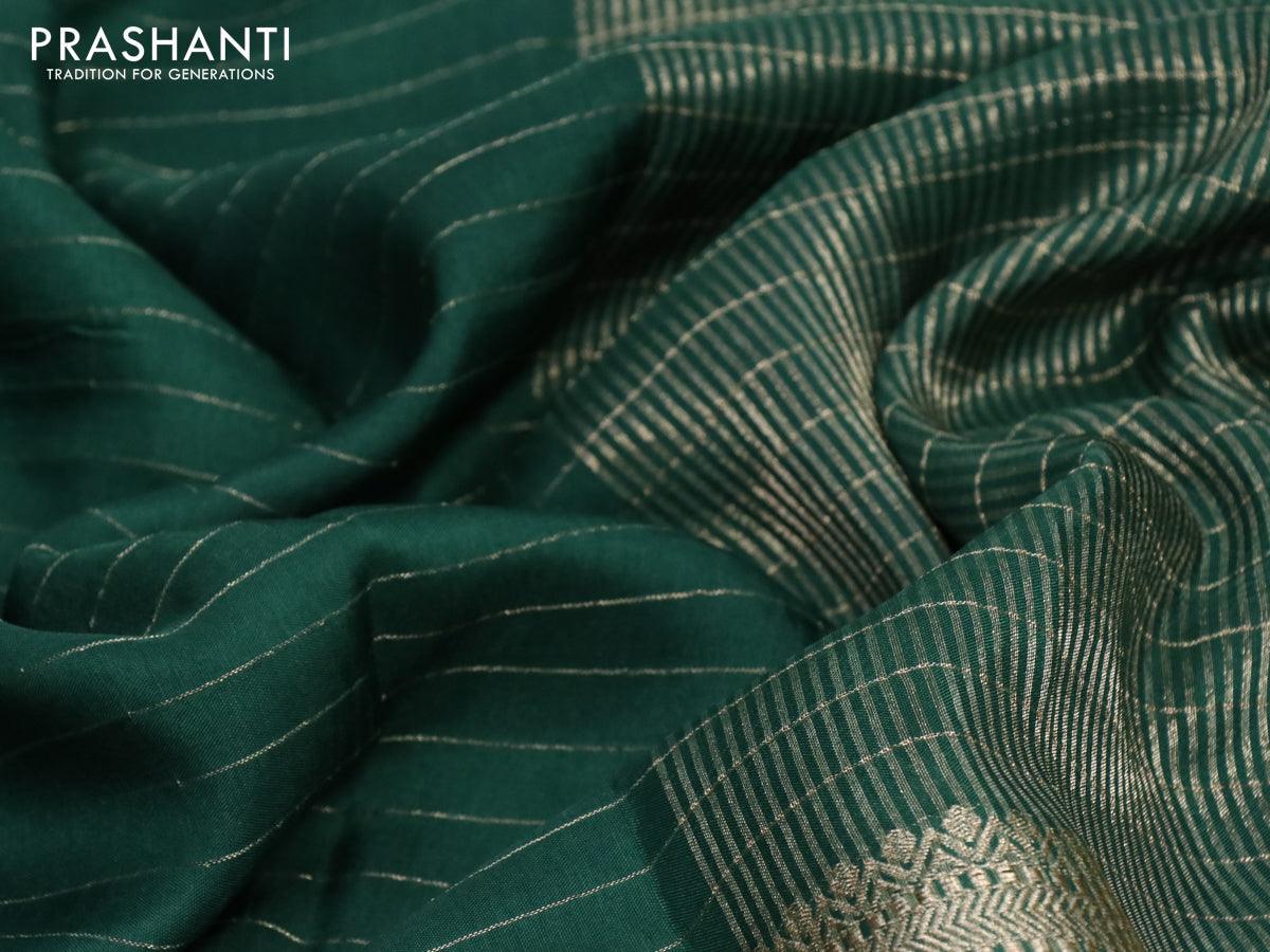 Dola silk saree green and deep maroon with allover zari woven stripes pattern and rich zari woven border - Image 3