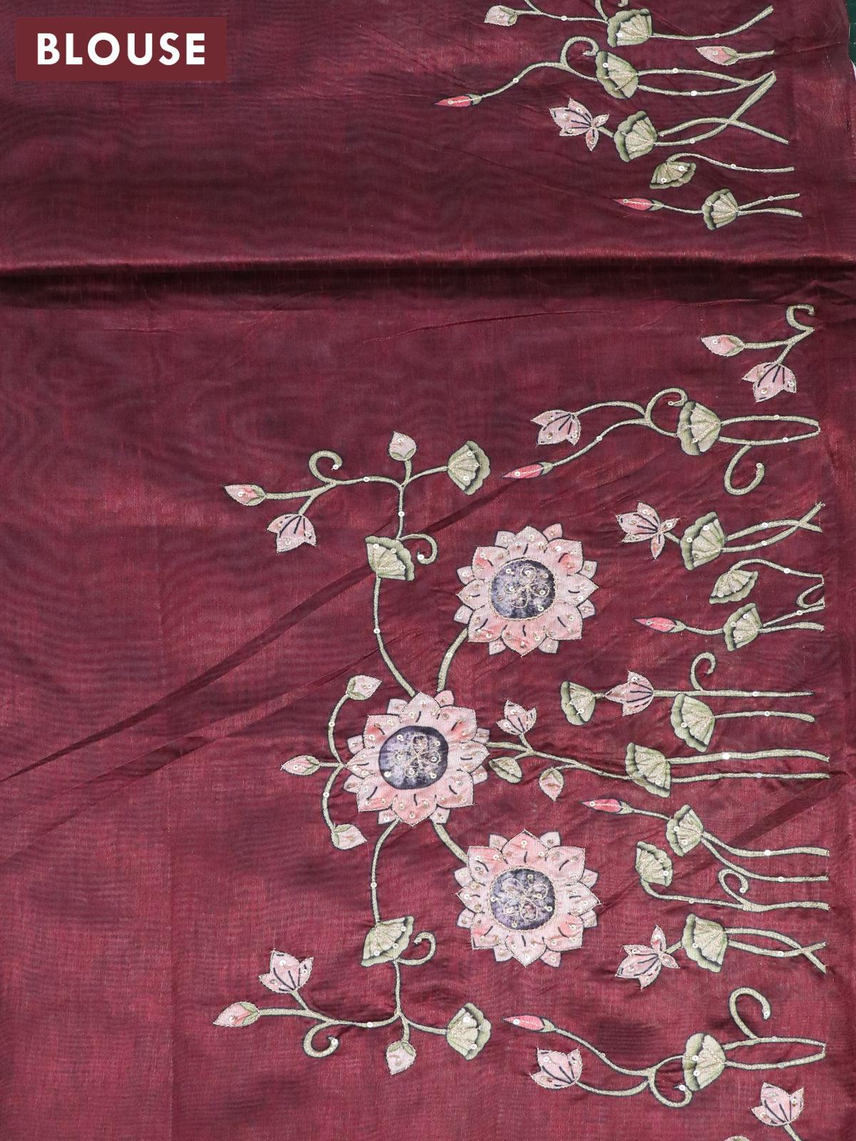 Dola silk saree green and deep maroon with allover zari woven stripes pattern and rich zari woven border - Image 4