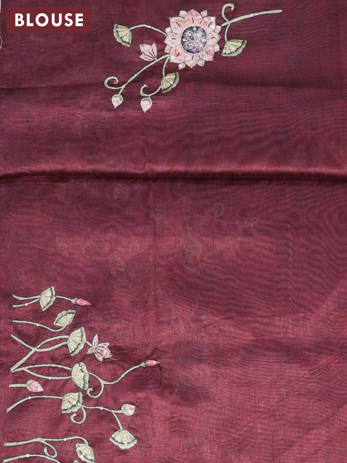 Dola silk saree green and deep maroon with allover zari woven stripes pattern and rich zari woven border - Image 5
