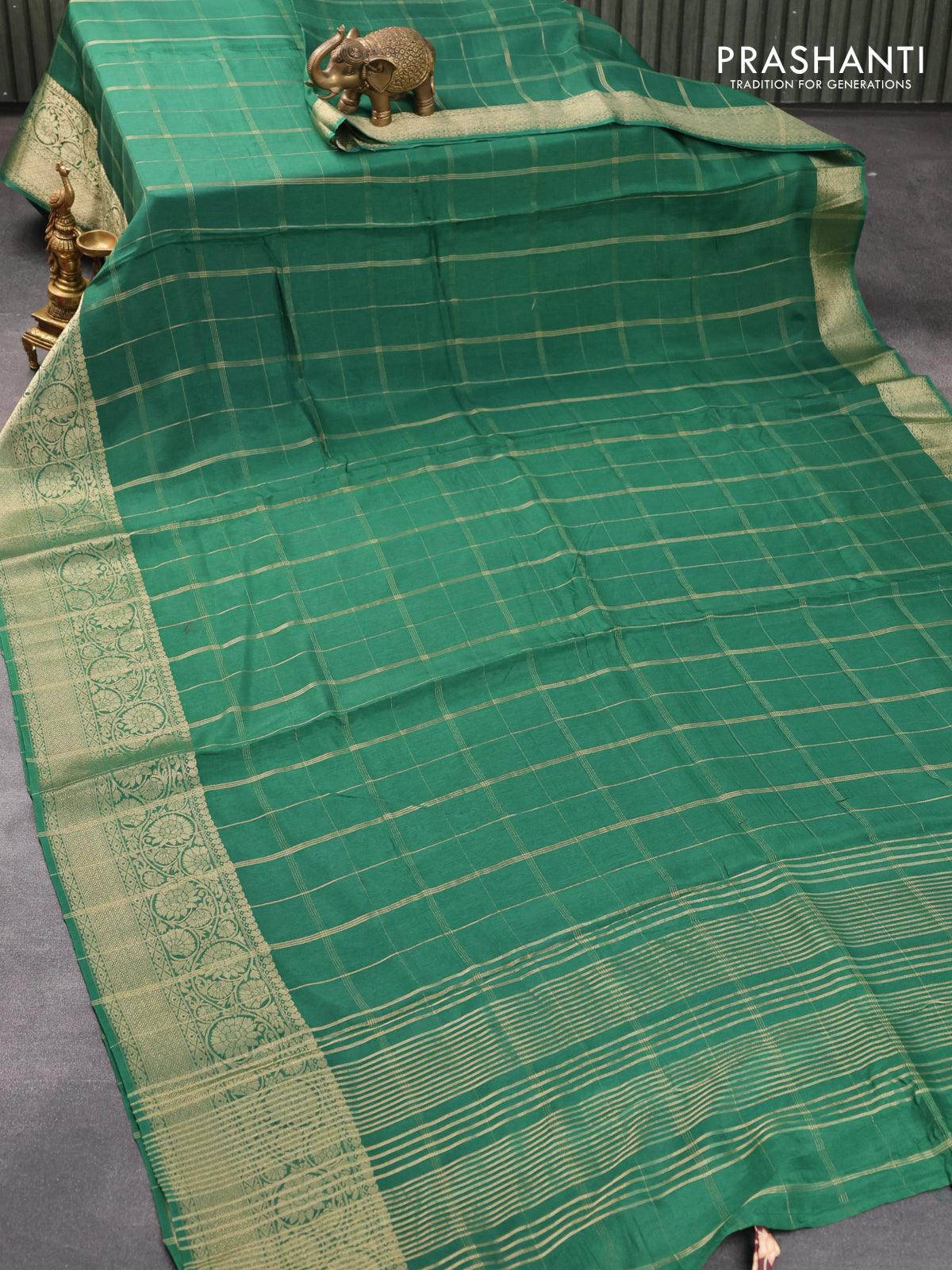 Dola silk saree green and deep wine shade with allover zari checked pattern and rich zari woven border - Image 2
