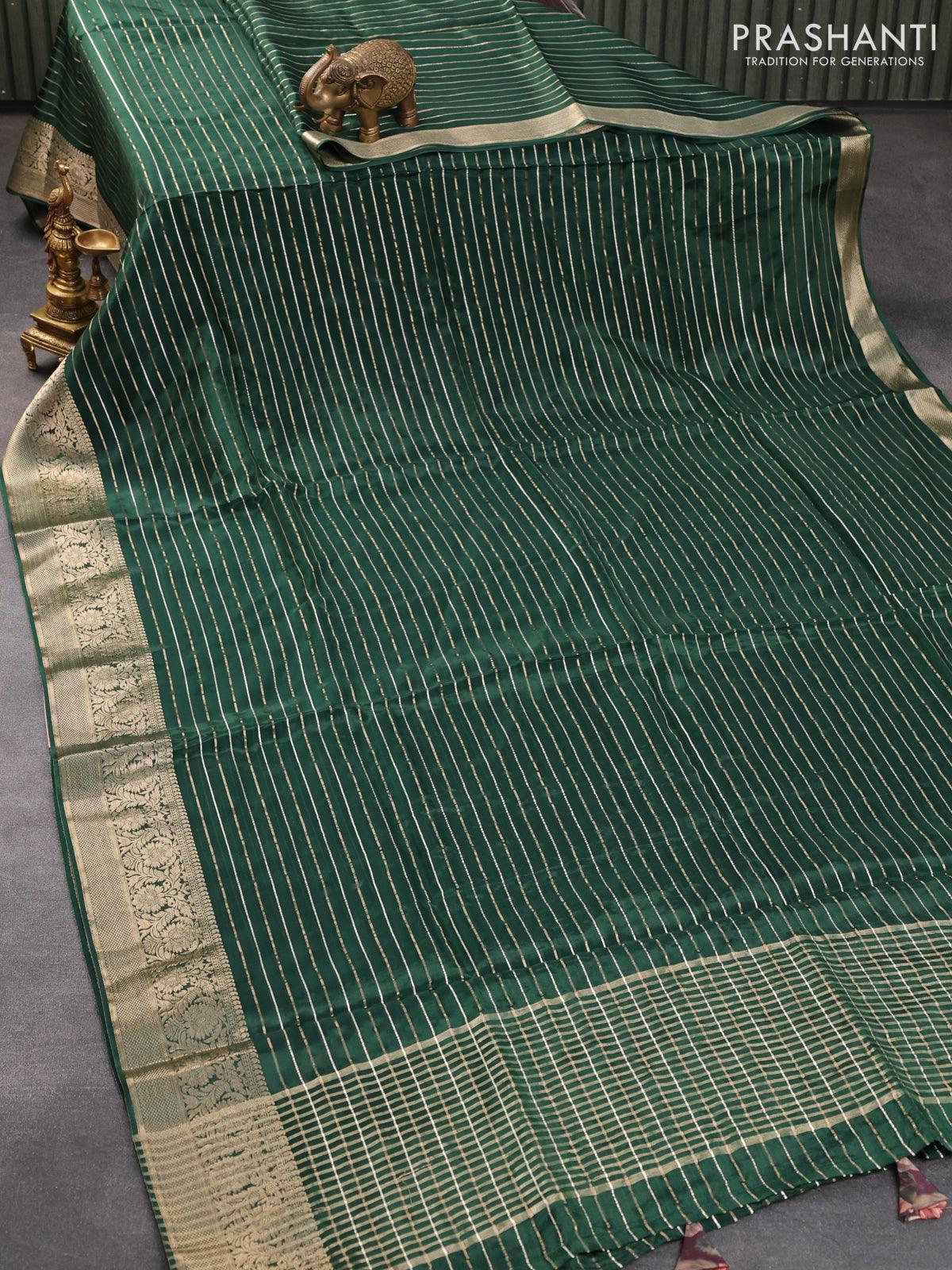 Dola silk saree green and deep wine shade with allover zari woven stripes pattern and rich zari woven border - Image 2