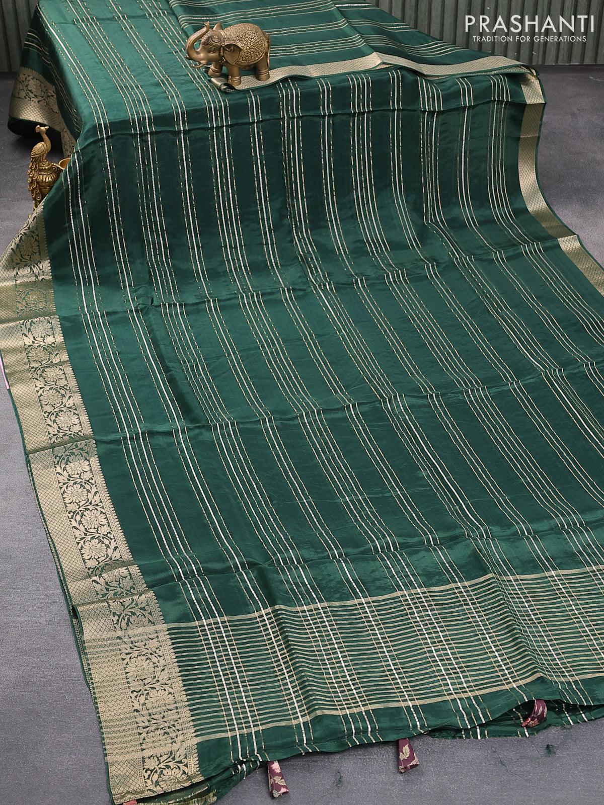 Dola silk saree green and deep wine shade with allover zari woven stripes pattern and rich zari woven border - Image 2