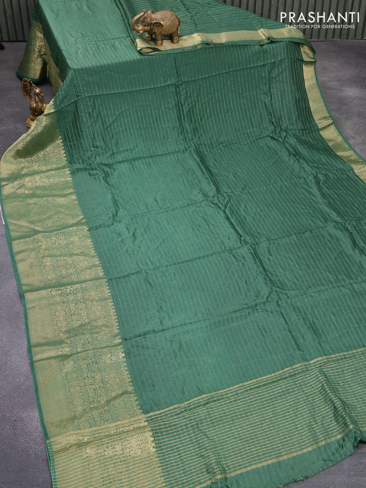 Dola silk saree green and elephant grey with allover zari woven stripes pattern and long zari woven border with embroidery work blouse - Image 2