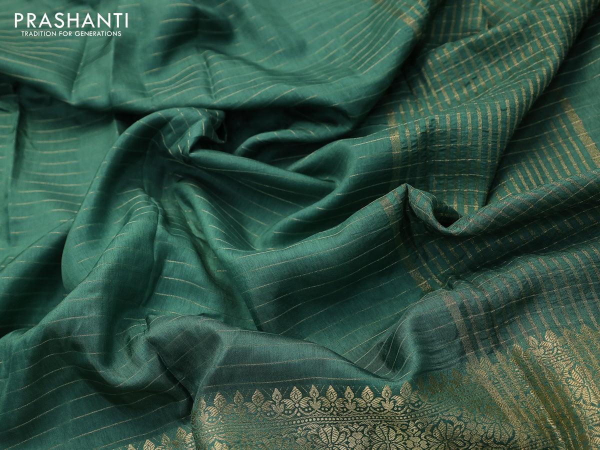 Dola silk saree green and elephant grey with allover zari woven stripes pattern and long zari woven border with embroidery work blouse - Image 3