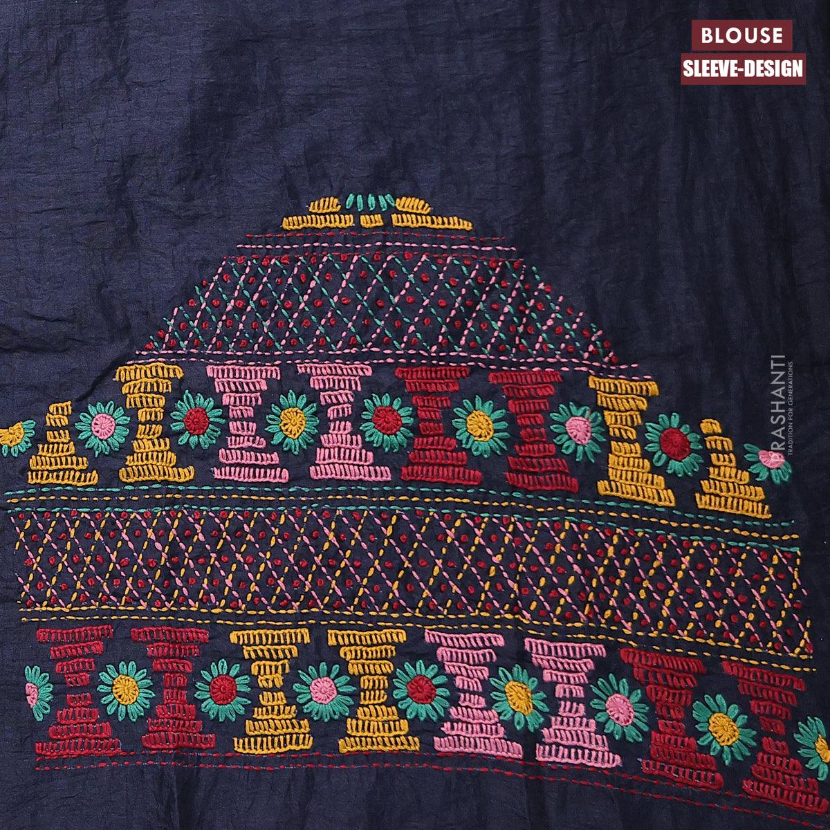 Dola silk saree green and elephant grey with allover zari woven stripes pattern and long zari woven border with embroidery work blouse - Image 5