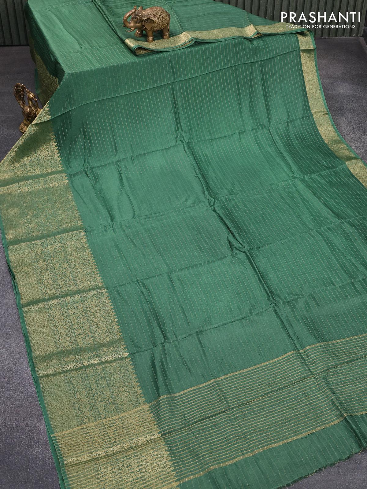 Dola silk saree green and maroon with allover zari woven stripes pattern and long zari woven border with embroidery work blouse - Image 2