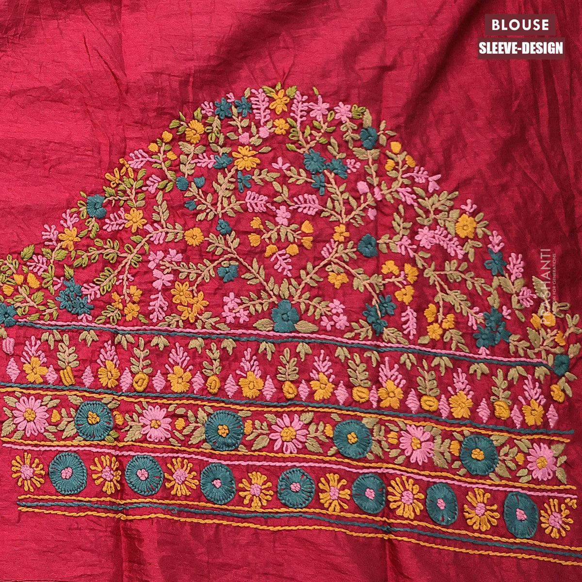 Dola silk saree green and maroon with allover zari woven stripes pattern and long zari woven border with embroidery work blouse - Image 5