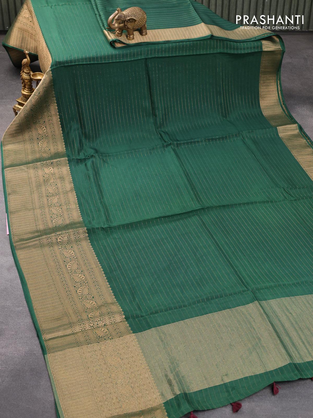 Dola silk saree green and maroon with allover zari woven stripes pattern and rich zari woven border - Image 2