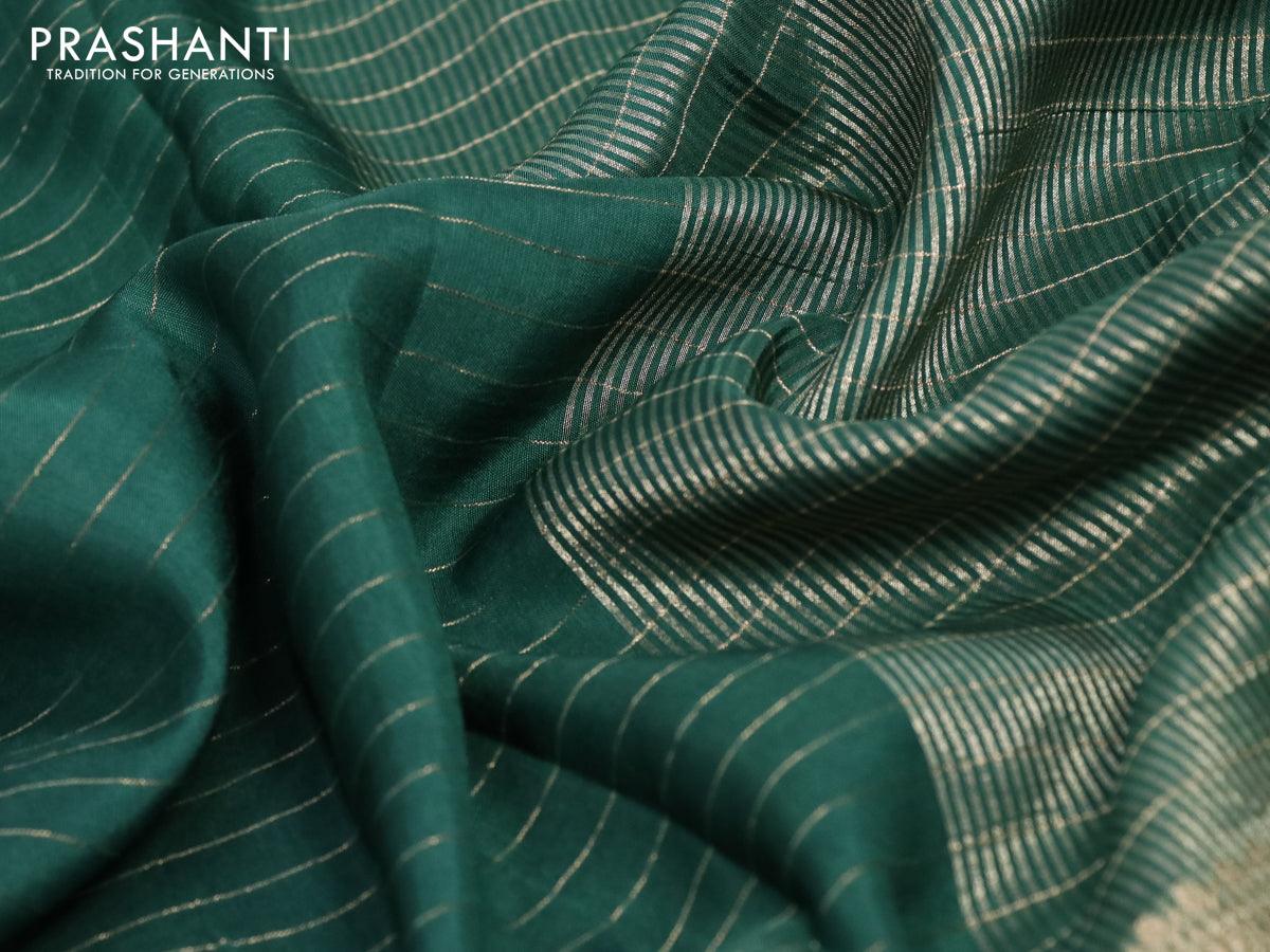 Dola silk saree green and maroon with allover zari woven stripes pattern and rich zari woven border - Image 3