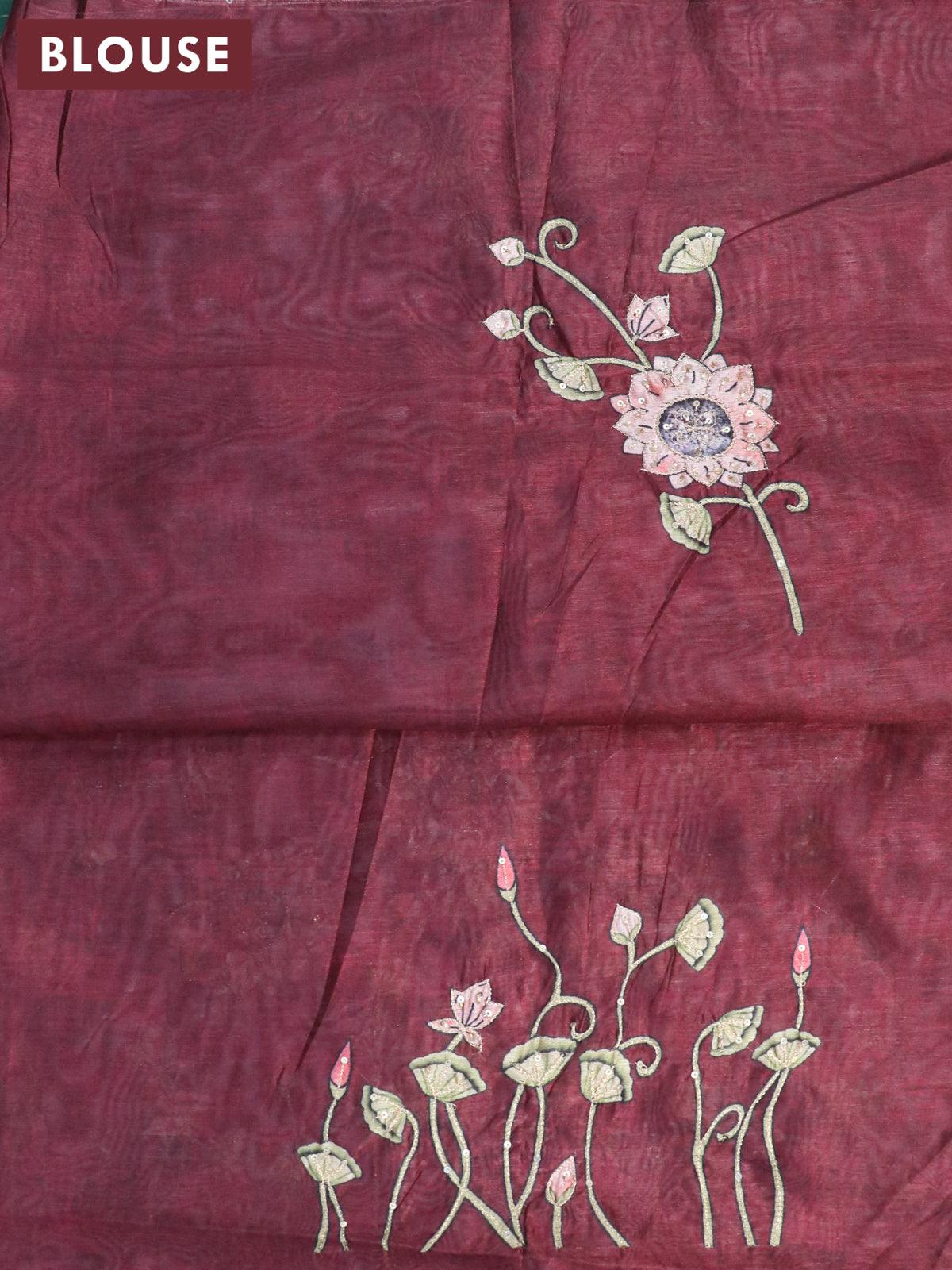 Dola silk saree green and maroon with allover zari woven stripes pattern and rich zari woven border - Image 5