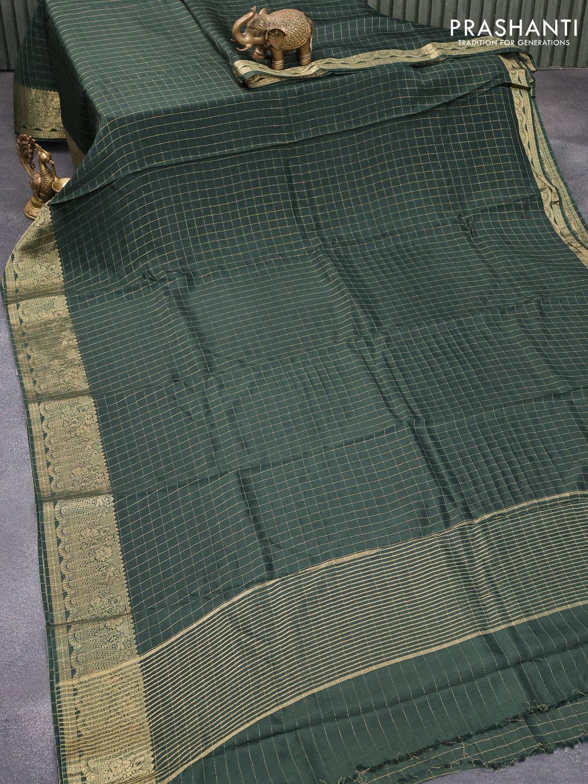Dola silk saree green and mild purple with zari checked pattern and zari woven border with embroidery work blouse - Image 2