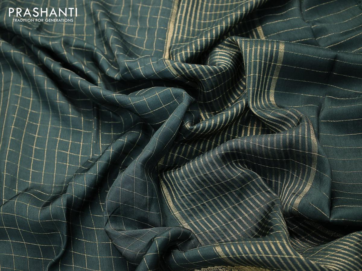 Dola silk saree green and mild purple with zari checked pattern and zari woven border with embroidery work blouse - Image 3