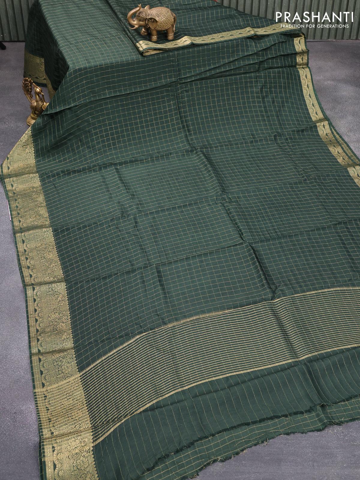 Dola silk saree green and orange with zari checked pattern and zari woven border with embroidery work blouse - Image 2