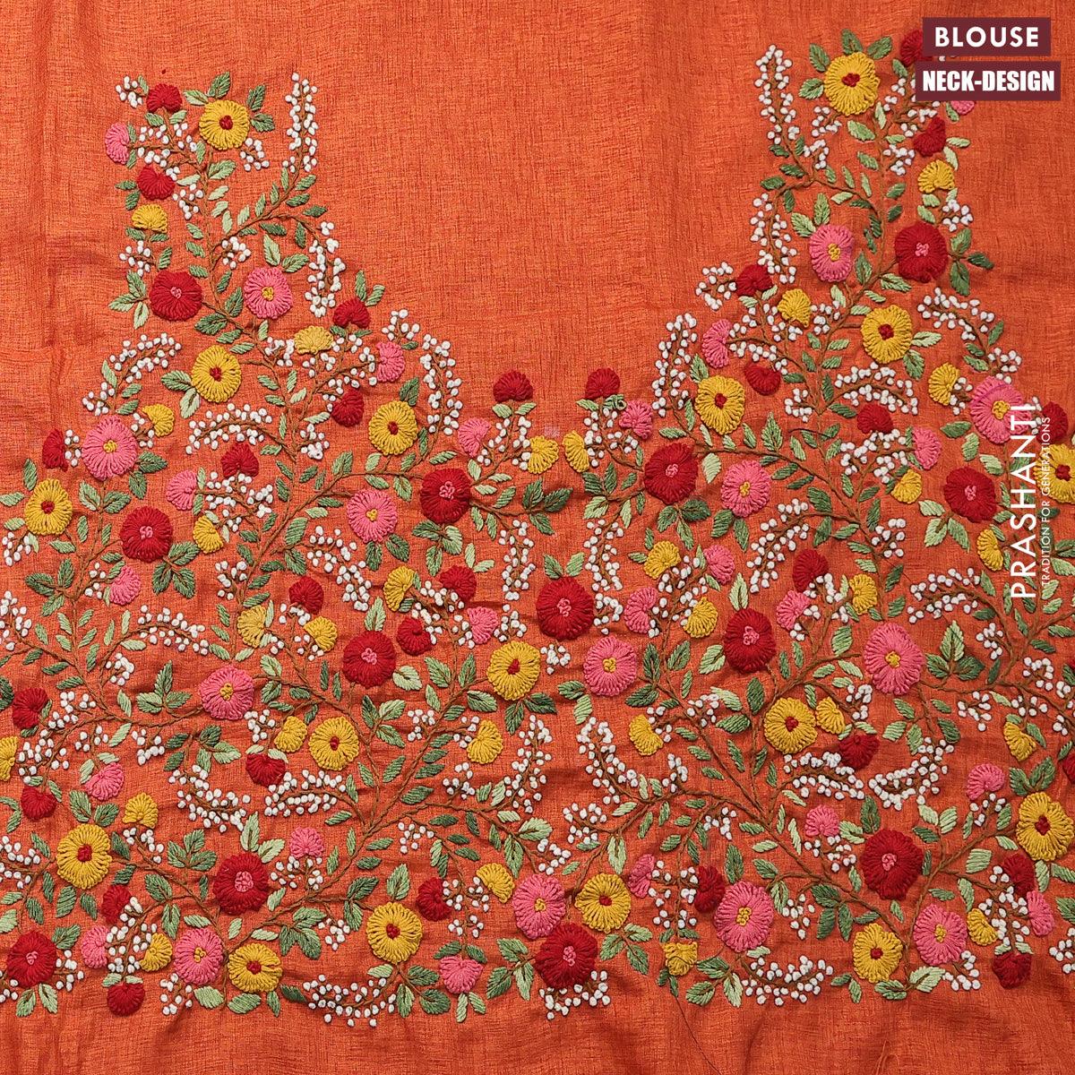 Dola silk saree green and orange with zari checked pattern and zari woven border with embroidery work blouse - Image 4