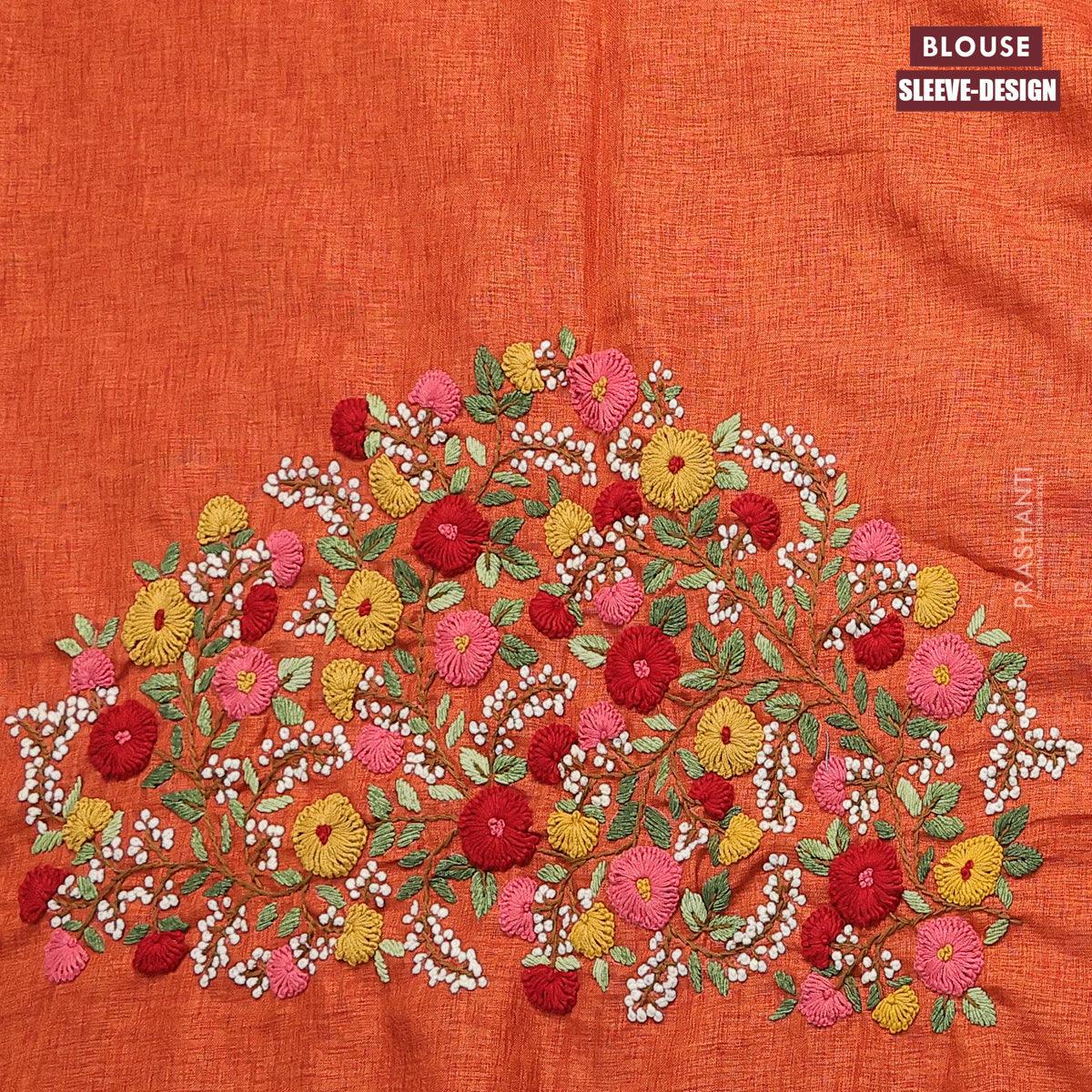 Dola silk saree green and orange with zari checked pattern and zari woven border with embroidery work blouse - Image 5