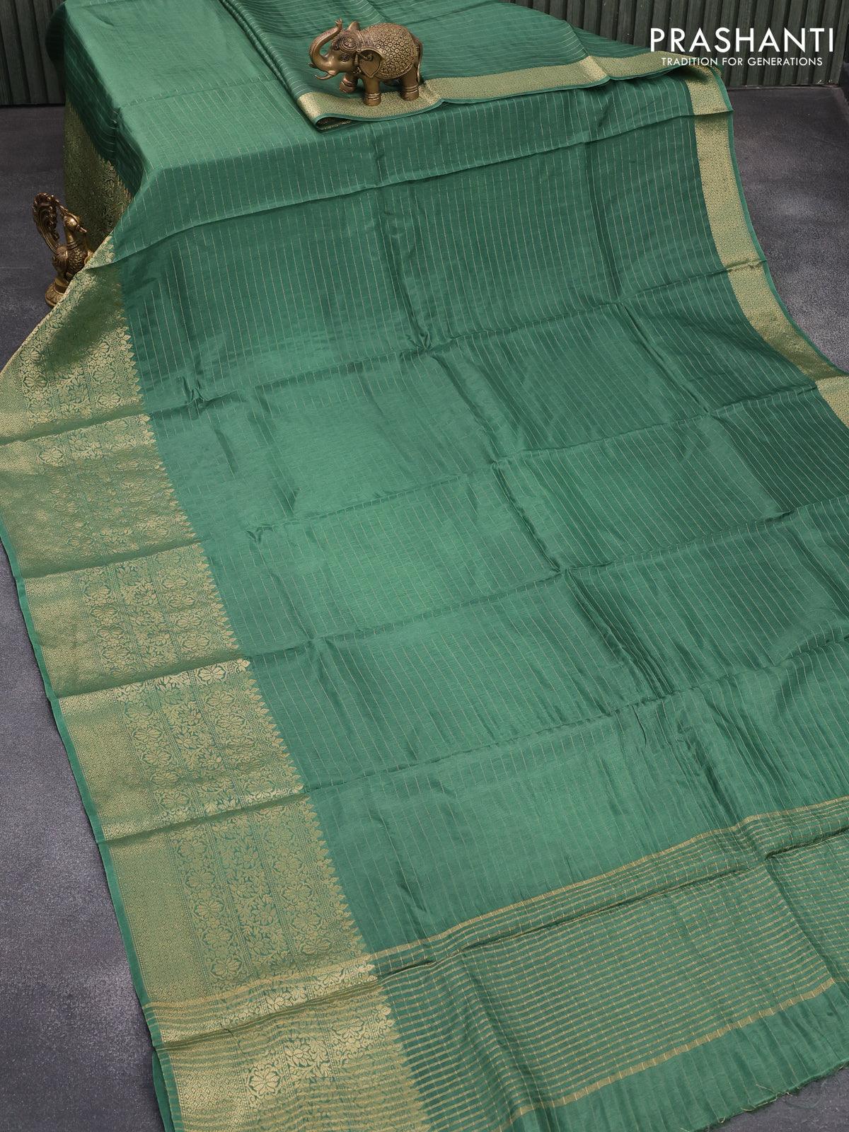 Dola silk saree green and purple with allover zari woven stripes pattern and long zari woven border with embroidery work blouse - Image 2