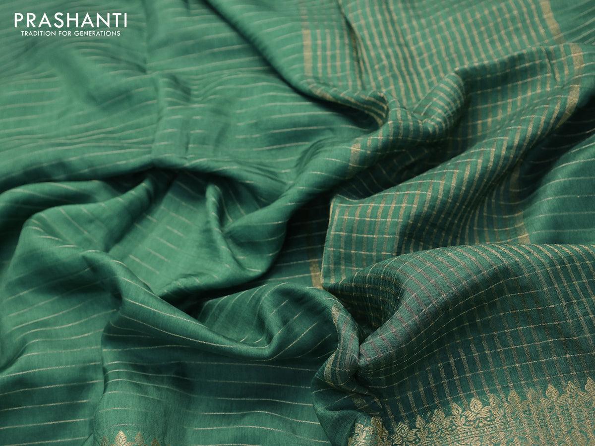 Dola silk saree green and purple with allover zari woven stripes pattern and long zari woven border with embroidery work blouse - Image 3