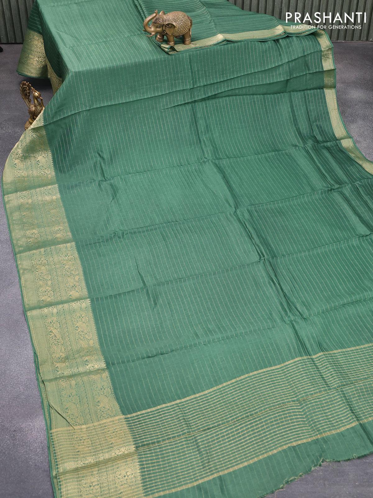 Dola silk saree green and yellow with allover zari woven stripes pattern and zari woven border with embroidery work blouse - Image 2