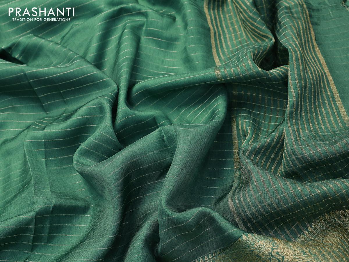Dola silk saree green and yellow with allover zari woven stripes pattern and zari woven border with embroidery work blouse - Image 3