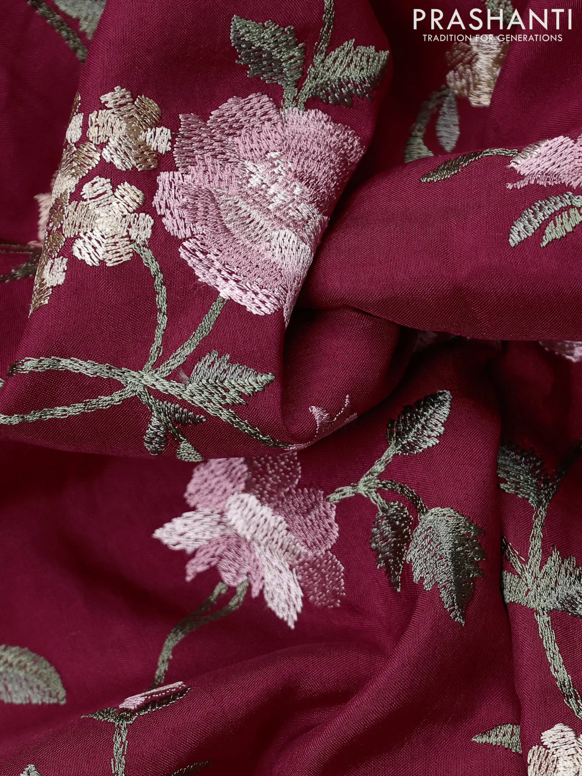 Dola silk saree kumkum red with allover floral embroidery work and chikankari work border - Image 3
