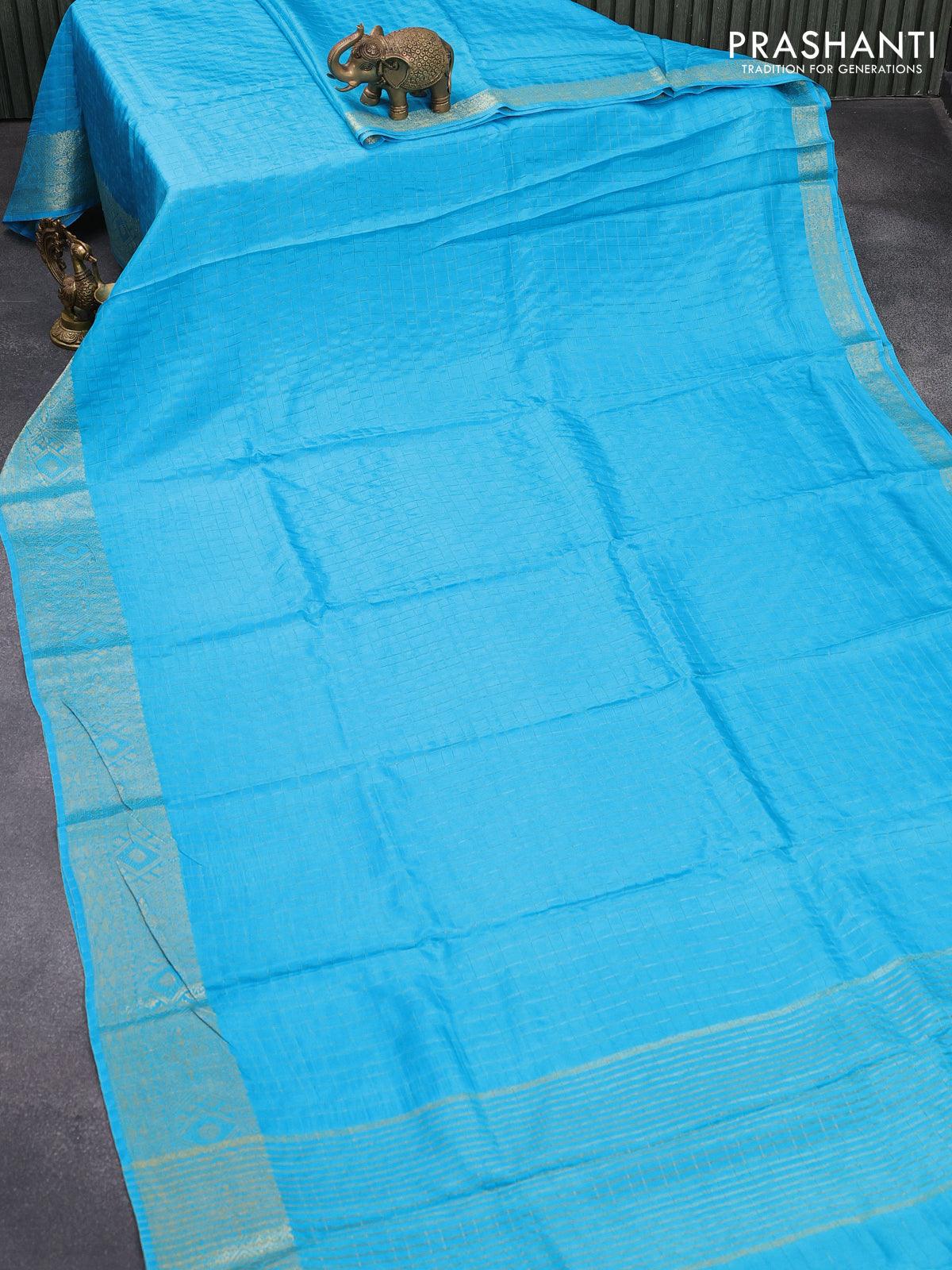 Dola silk saree light blue and dark green with zari checked pattern and zari woven border with embroidery work blouse - Image 2